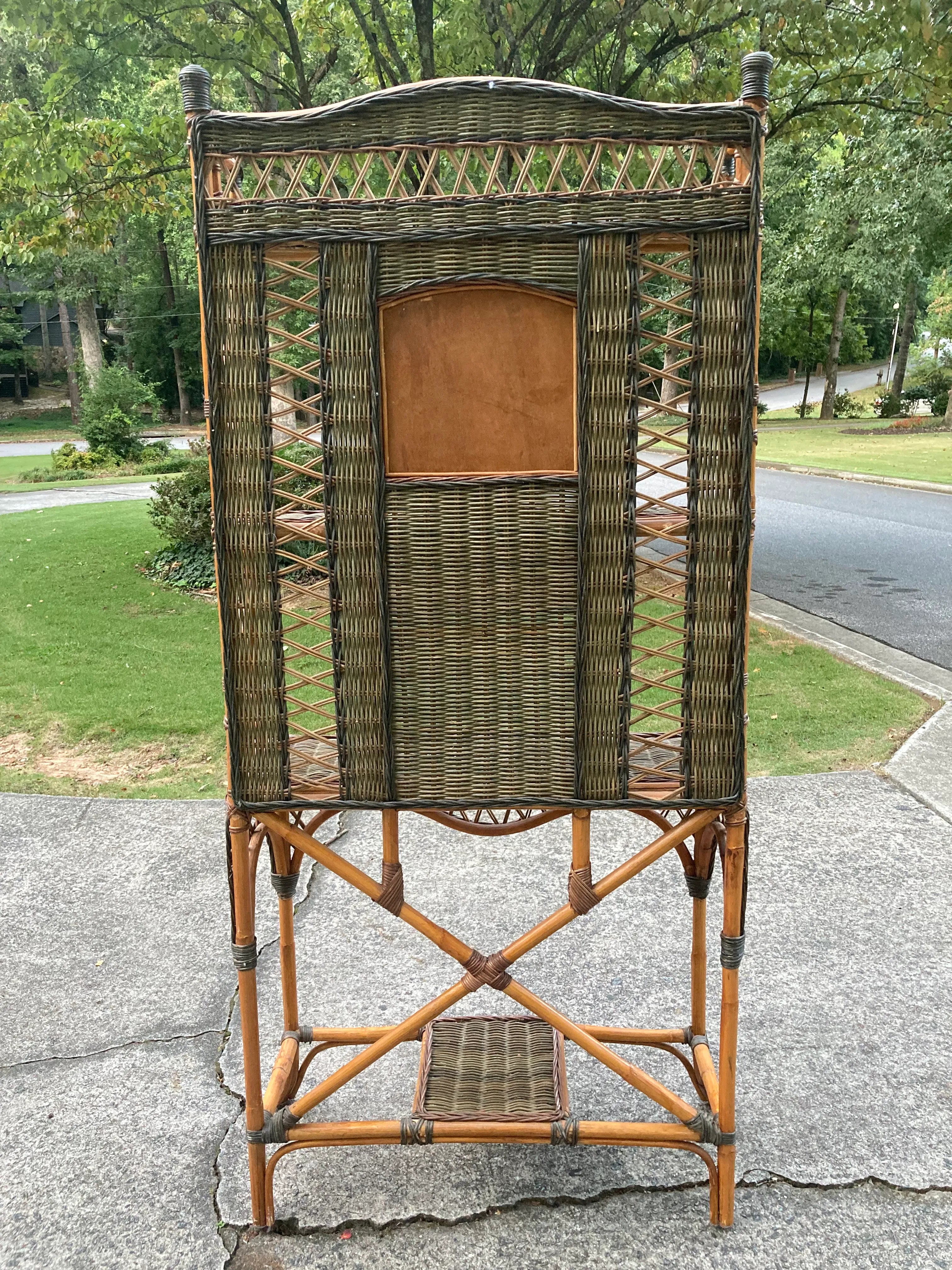Early 20th Century Aesthetic Movement Coastal Bamboo and Wicker Etagere With Mirror