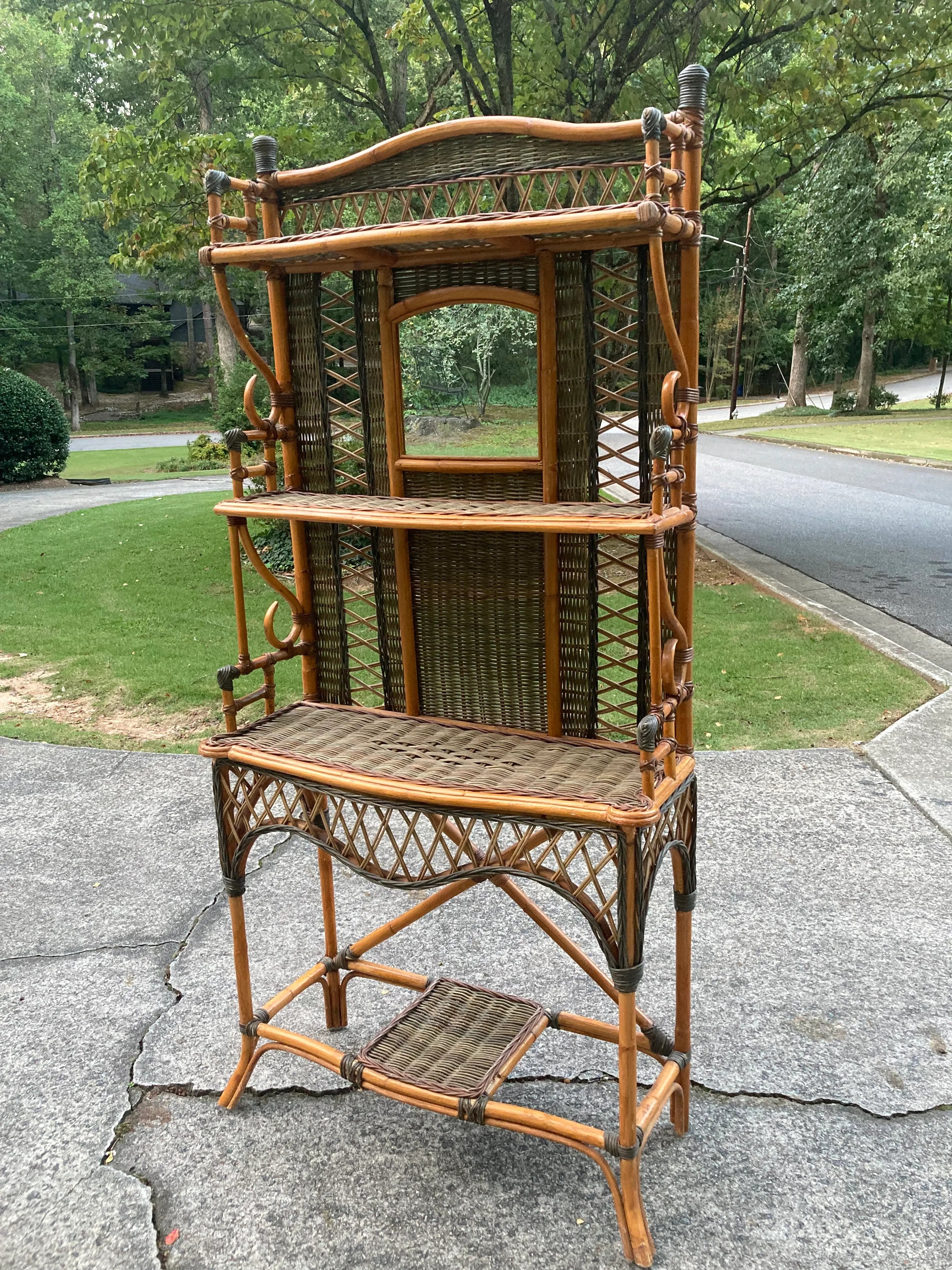 Early 20th Century Aesthetic Movement Coastal Bamboo and Wicker Etagere With Mirror