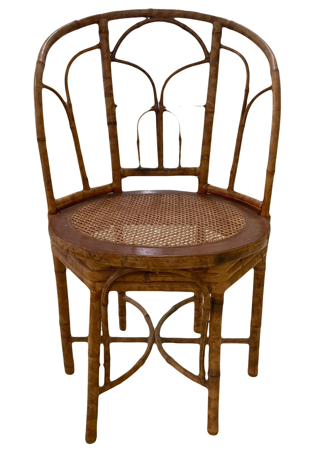 Early 20th Century Antique Coastal Tiger Bamboo Bergere Chair With Round Caned Seat