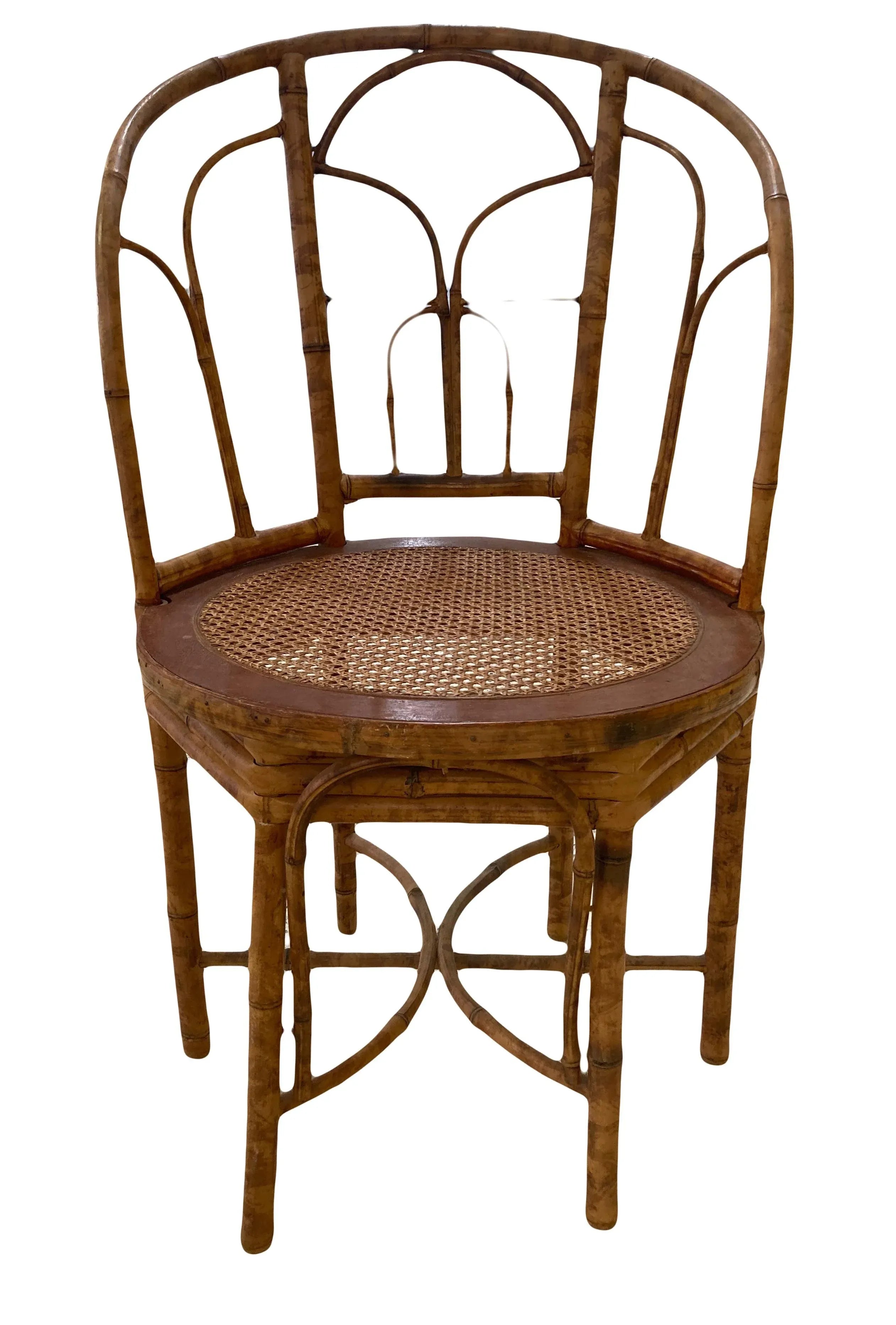Early 20th Century Antique Coastal Tiger Bamboo Bergere Chair With Round Caned Seat