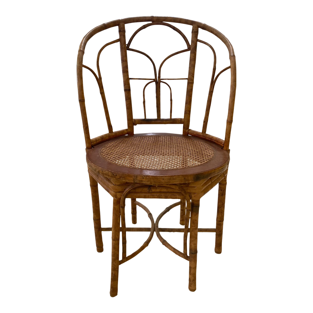 Early 20th Century Antique Coastal Tiger Bamboo Bergere Chair With Round Caned Seat