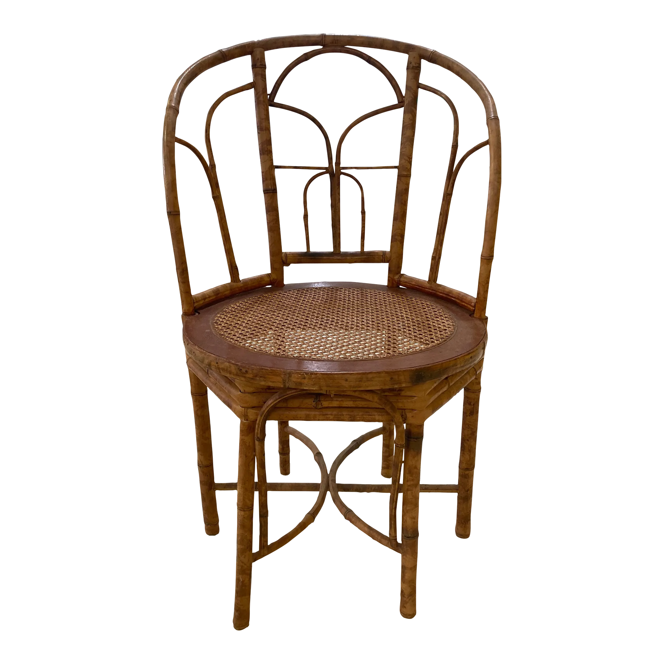 Early 20th Century Antique Coastal Tiger Bamboo Bergere Chair With Round Caned Seat