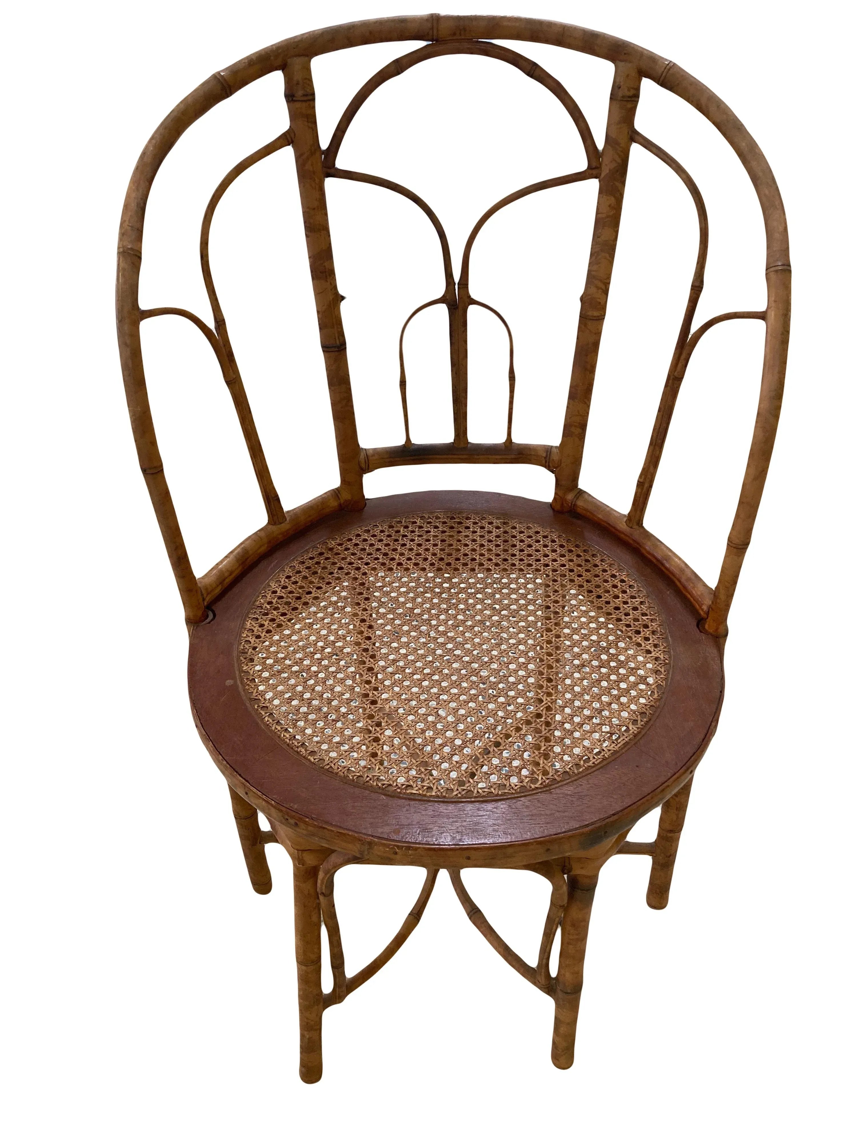 Early 20th Century Antique Coastal Tiger Bamboo Bergere Chair With Round Caned Seat