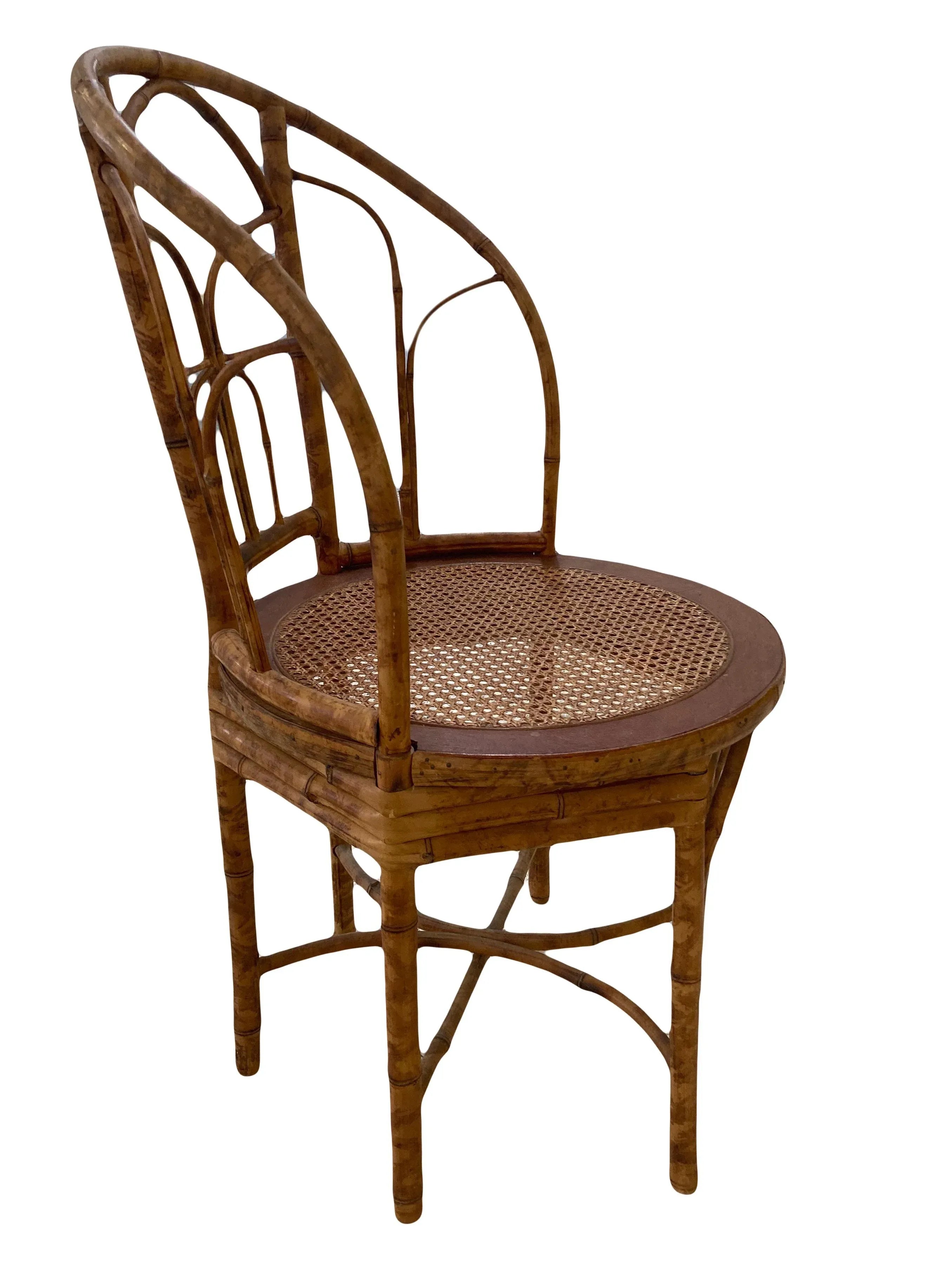 Early 20th Century Antique Coastal Tiger Bamboo Bergere Chair With Round Caned Seat