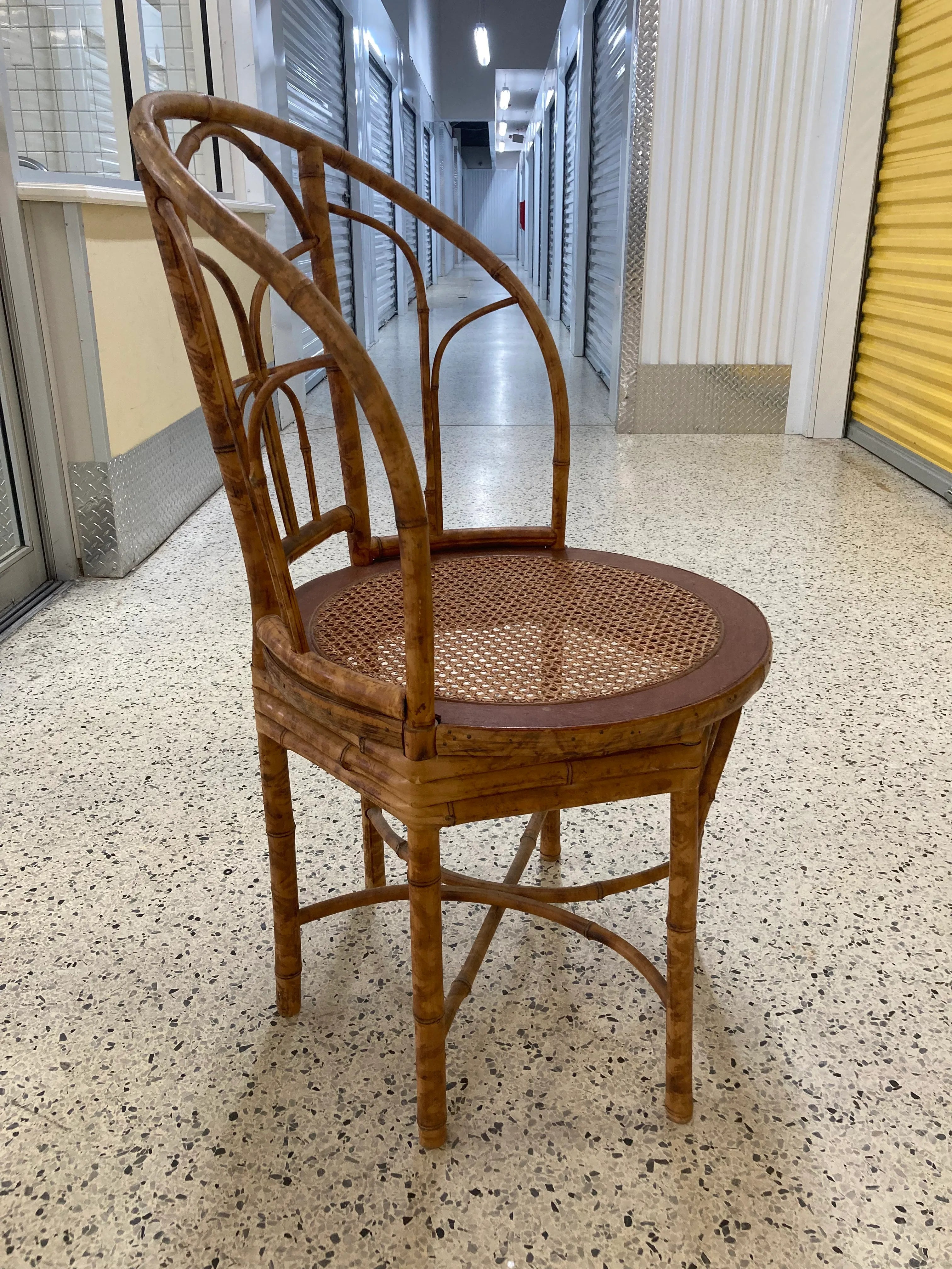 Early 20th Century Antique Coastal Tiger Bamboo Bergere Chair With Round Caned Seat