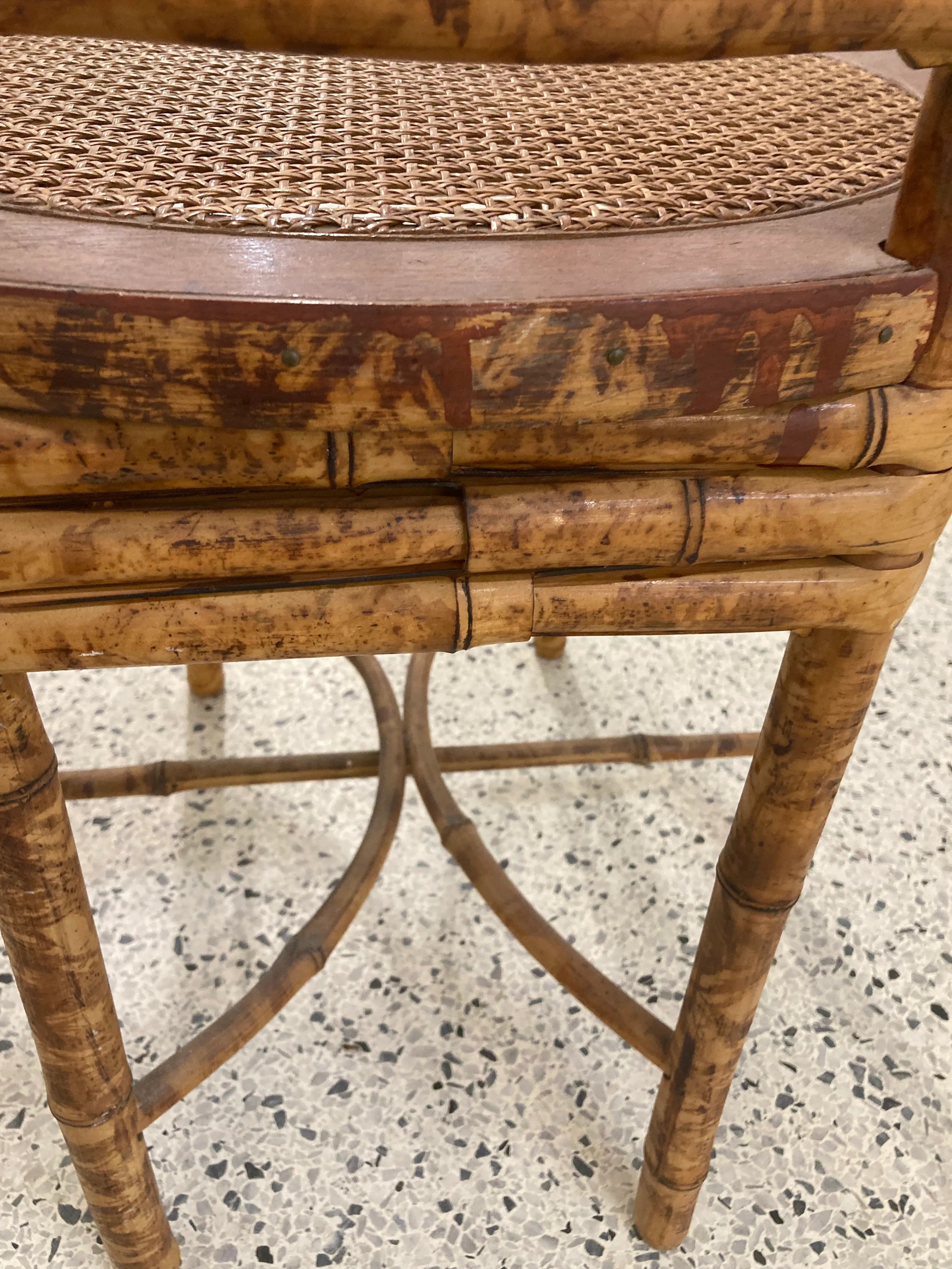 Early 20th Century Antique Coastal Tiger Bamboo Bergere Chair With Round Caned Seat