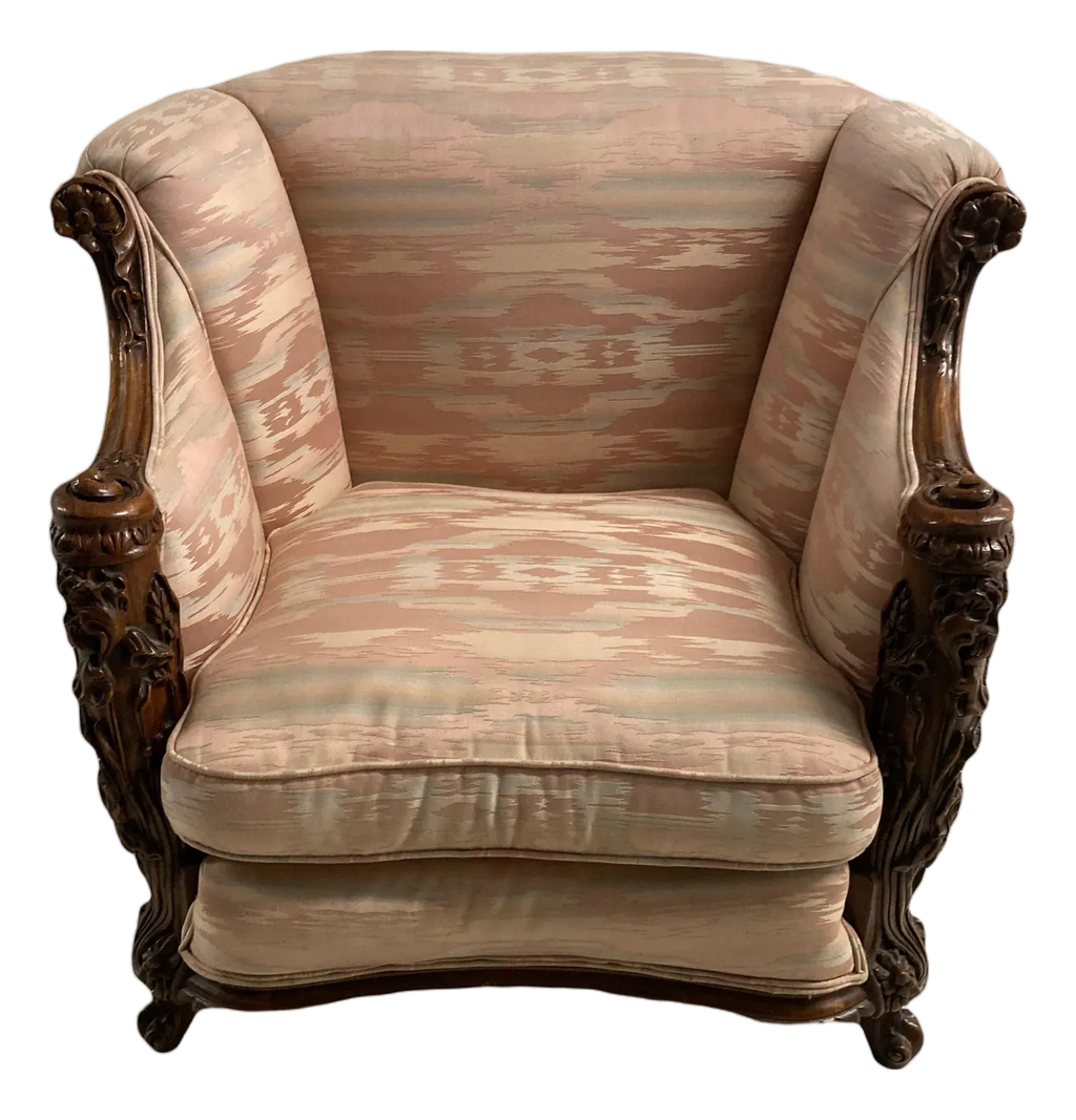 Early 20th Century Antique Tub or Bergere Chair With Ornately Carved Frame