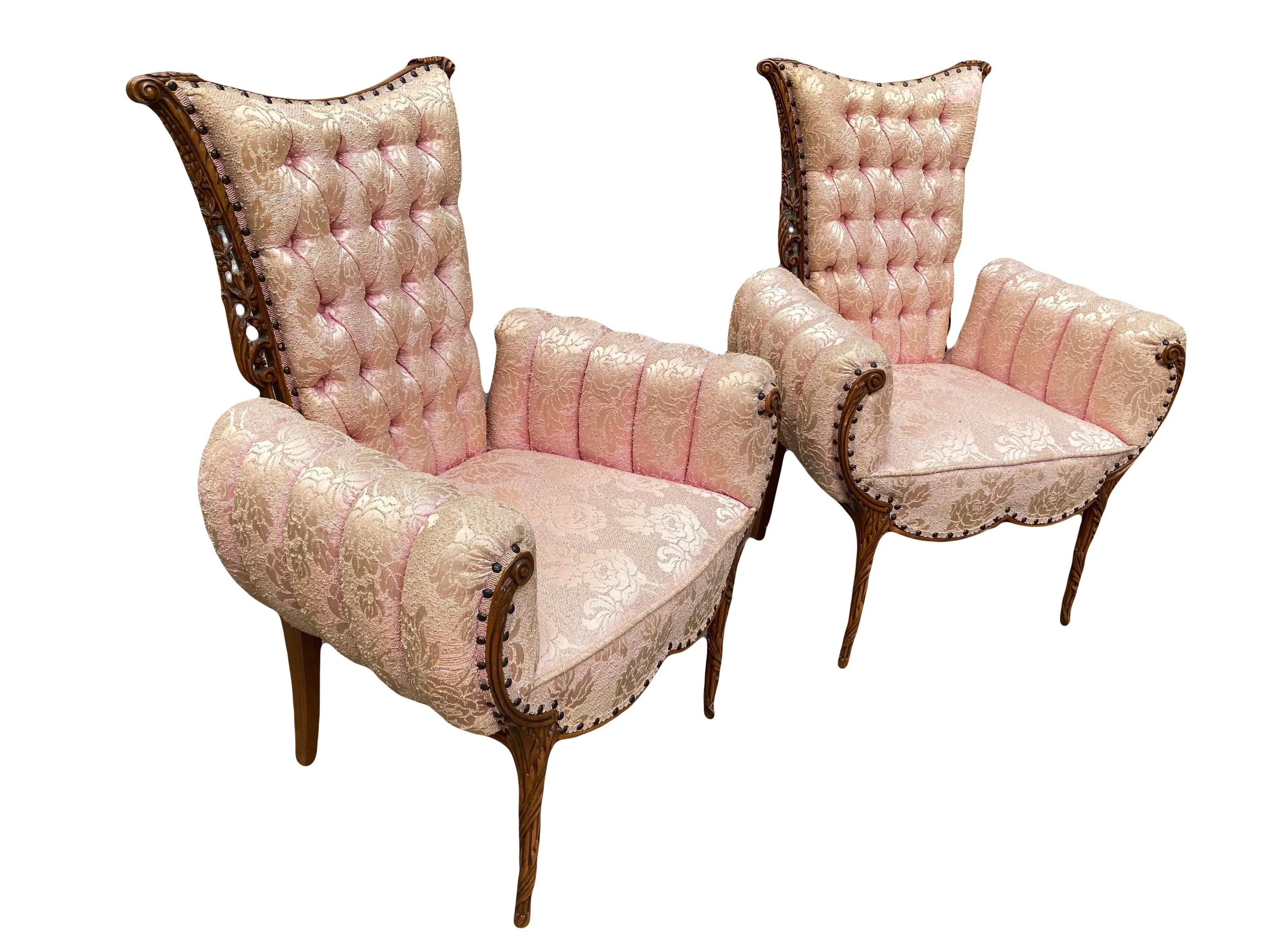 Early 20th Century Bergere Chairs in Original Silk Brocade by Grosfeld House - Set of 2