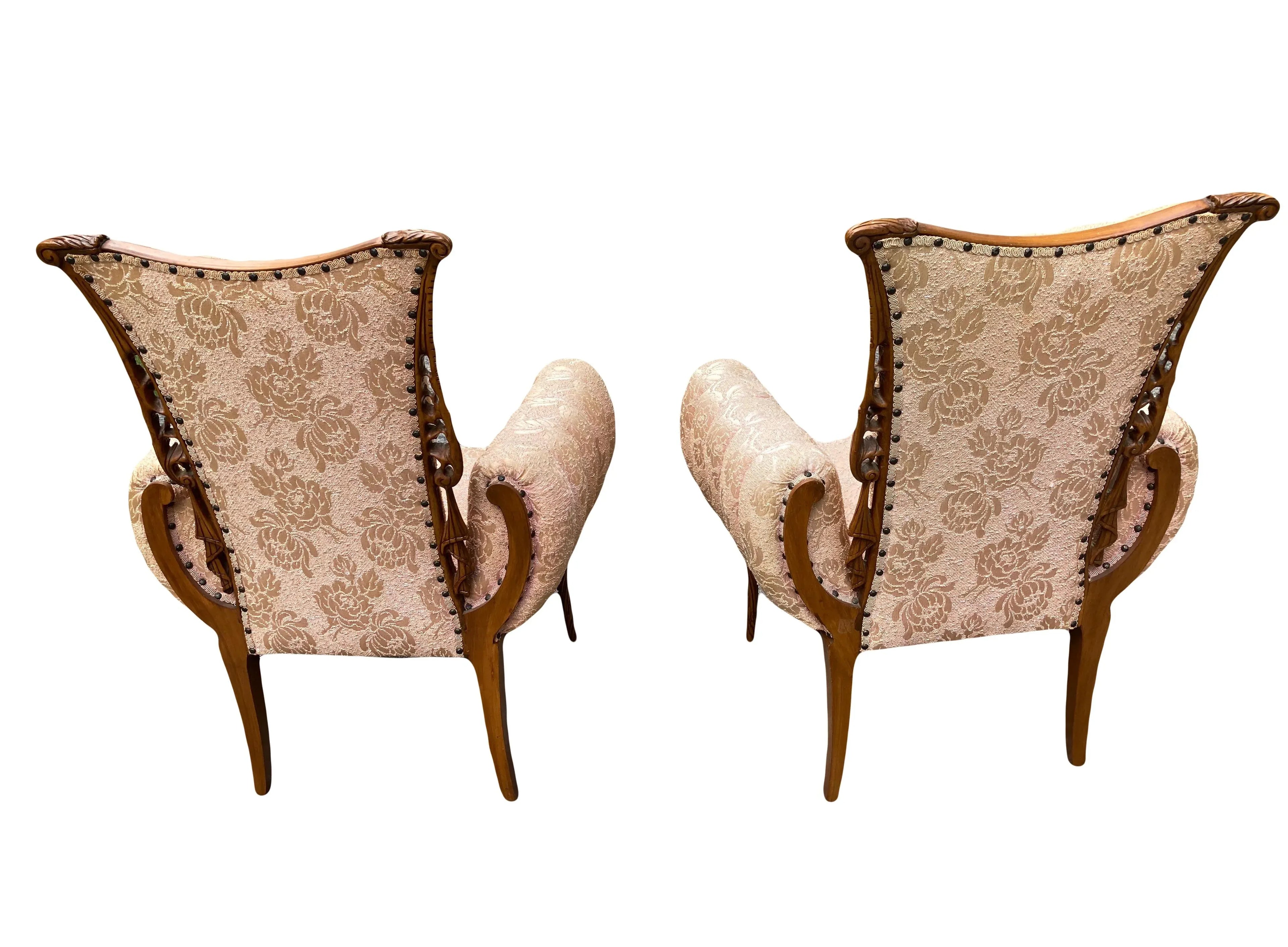 Early 20th Century Bergere Chairs in Original Silk Brocade by Grosfeld House - Set of 2