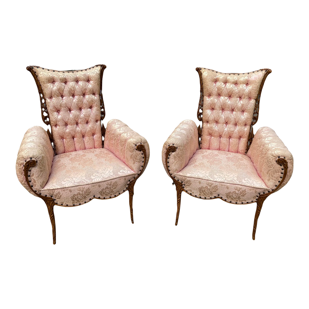 Early 20th Century Bergere Chairs in Original Silk Brocade by Grosfeld House - Set of 2
