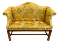 Early 20th Century Chippendale Camelback Scroll Arm Settee in Golden and Pink Famille Rose Chinoiserie Silk Brocade