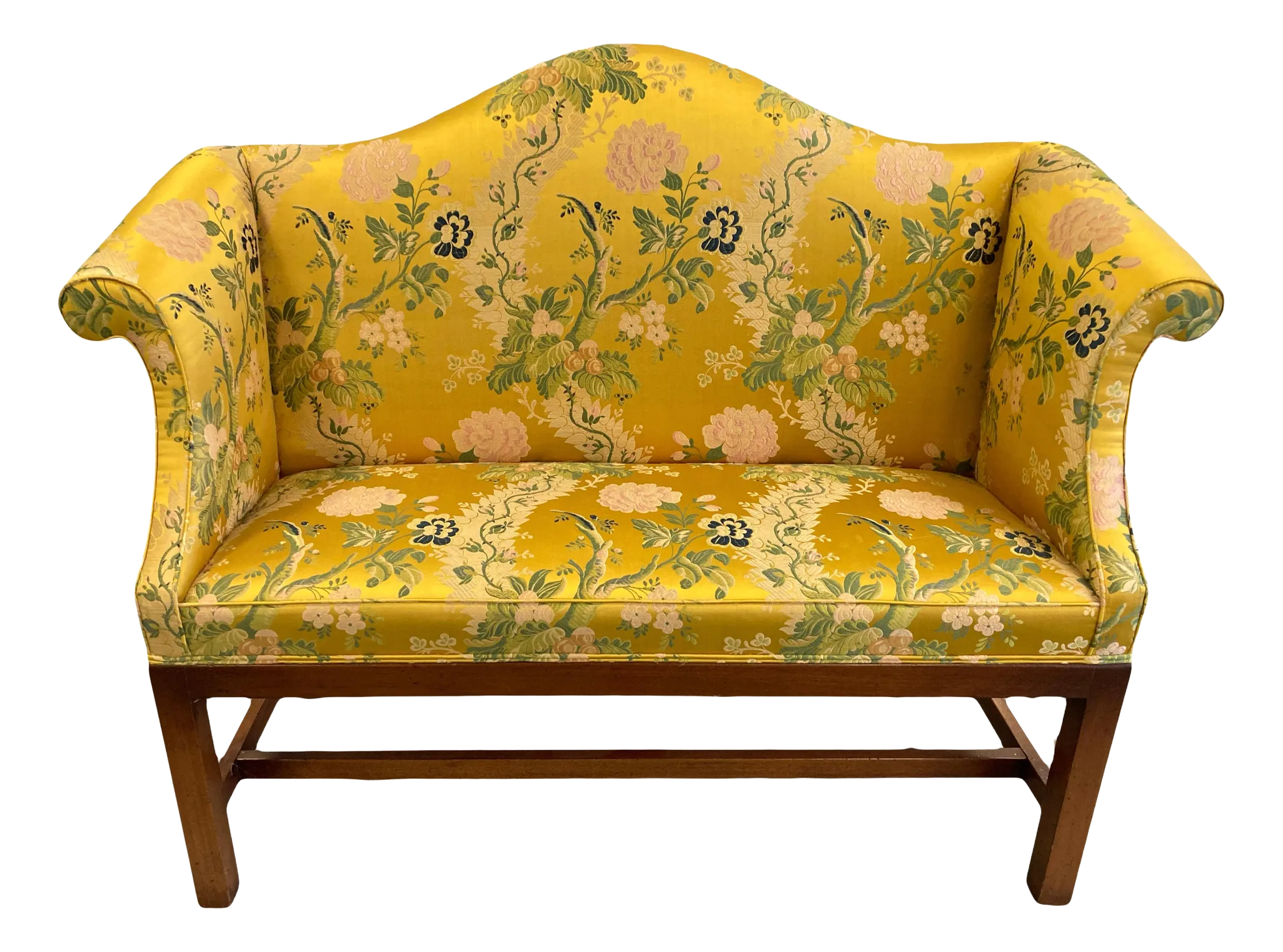 Early 20th Century Chippendale Camelback Scroll Arm Settee in Golden and Pink Famille Rose Chinoiserie Silk Brocade