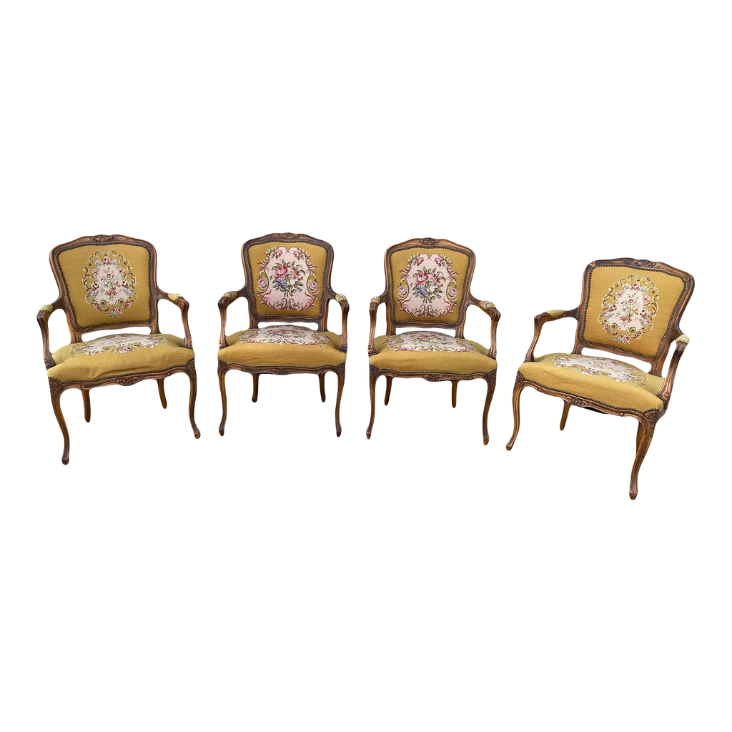 Early 20th Century French Louis XV Style Armchairs in Embroidered Floral Motif and Nailhead Accents- Set of 4