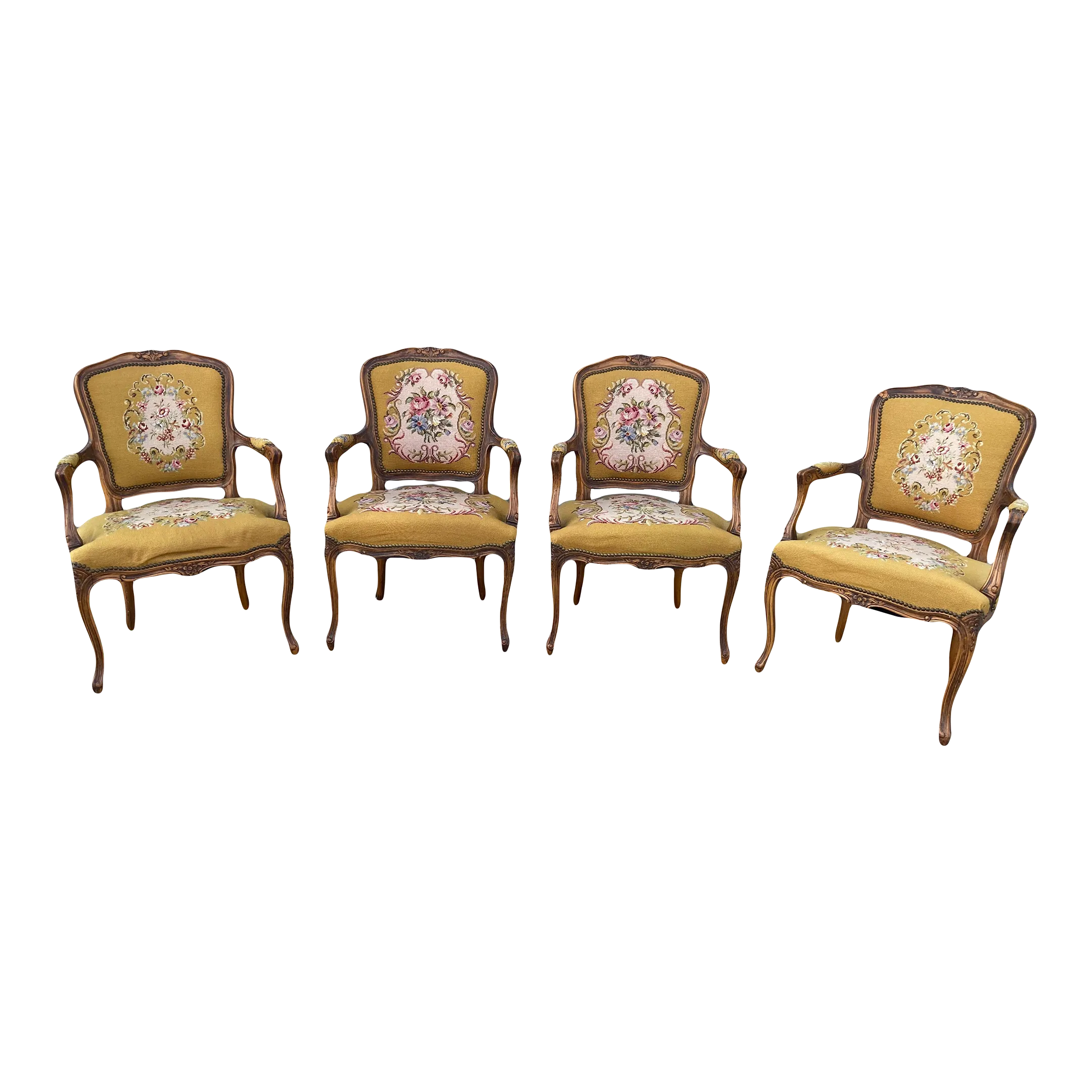 Early 20th Century French Louis XV Style Armchairs in Embroidered Floral Motif and Nailhead Accents- Set of 4