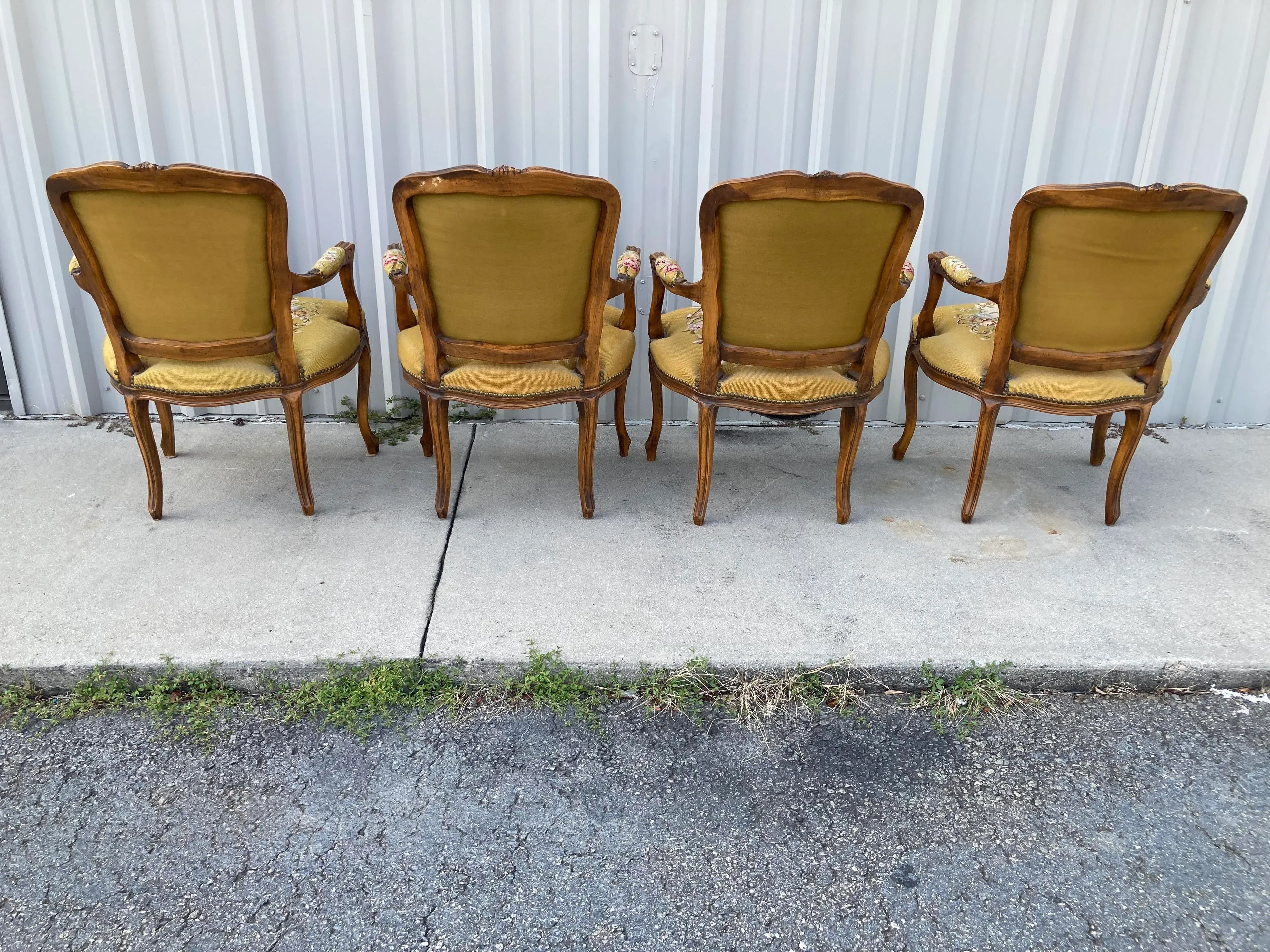 Early 20th Century French Louis XV Style Armchairs in Embroidered Floral Motif and Nailhead Accents- Set of 4