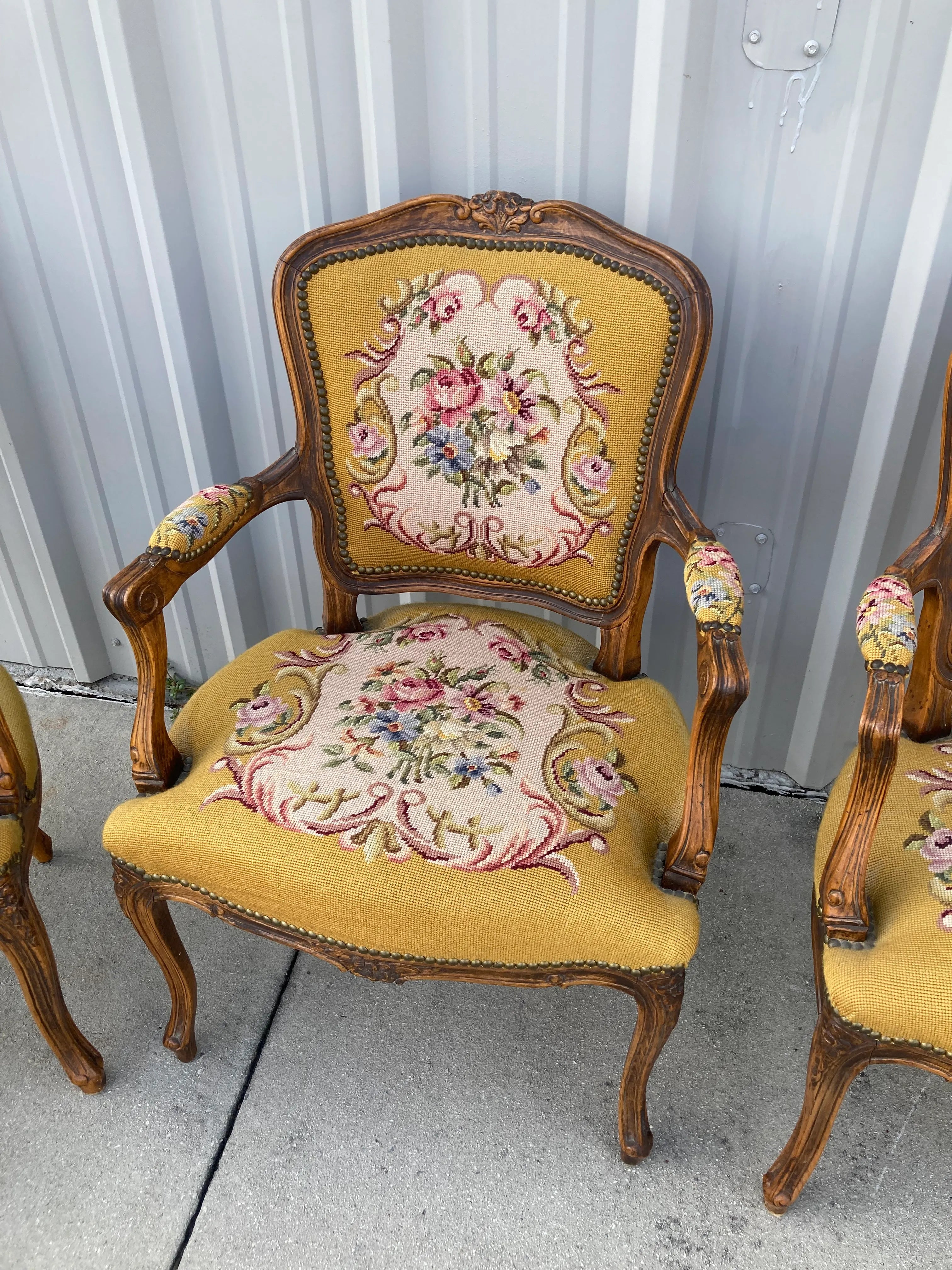 Early 20th Century French Louis XV Style Armchairs in Embroidered Floral Motif and Nailhead Accents- Set of 4
