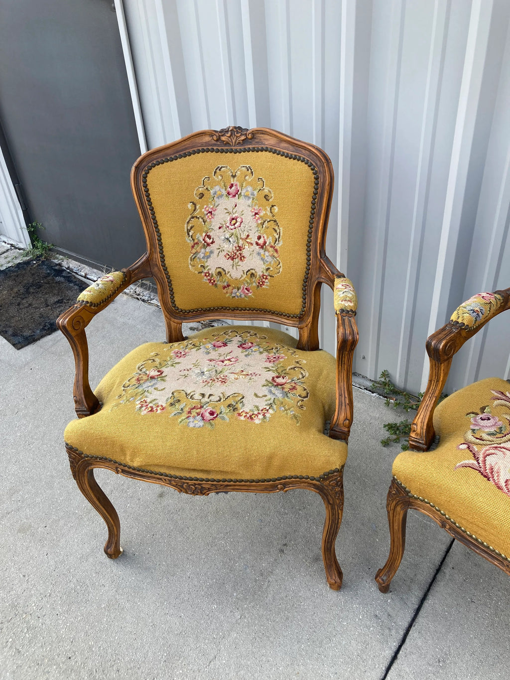 Early 20th Century French Louis XV Style Armchairs in Embroidered Floral Motif and Nailhead Accents- Set of 4