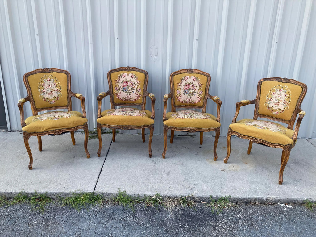 Early 20th Century French Louis XV Style Armchairs in Embroidered Floral Motif and Nailhead Accents- Set of 4