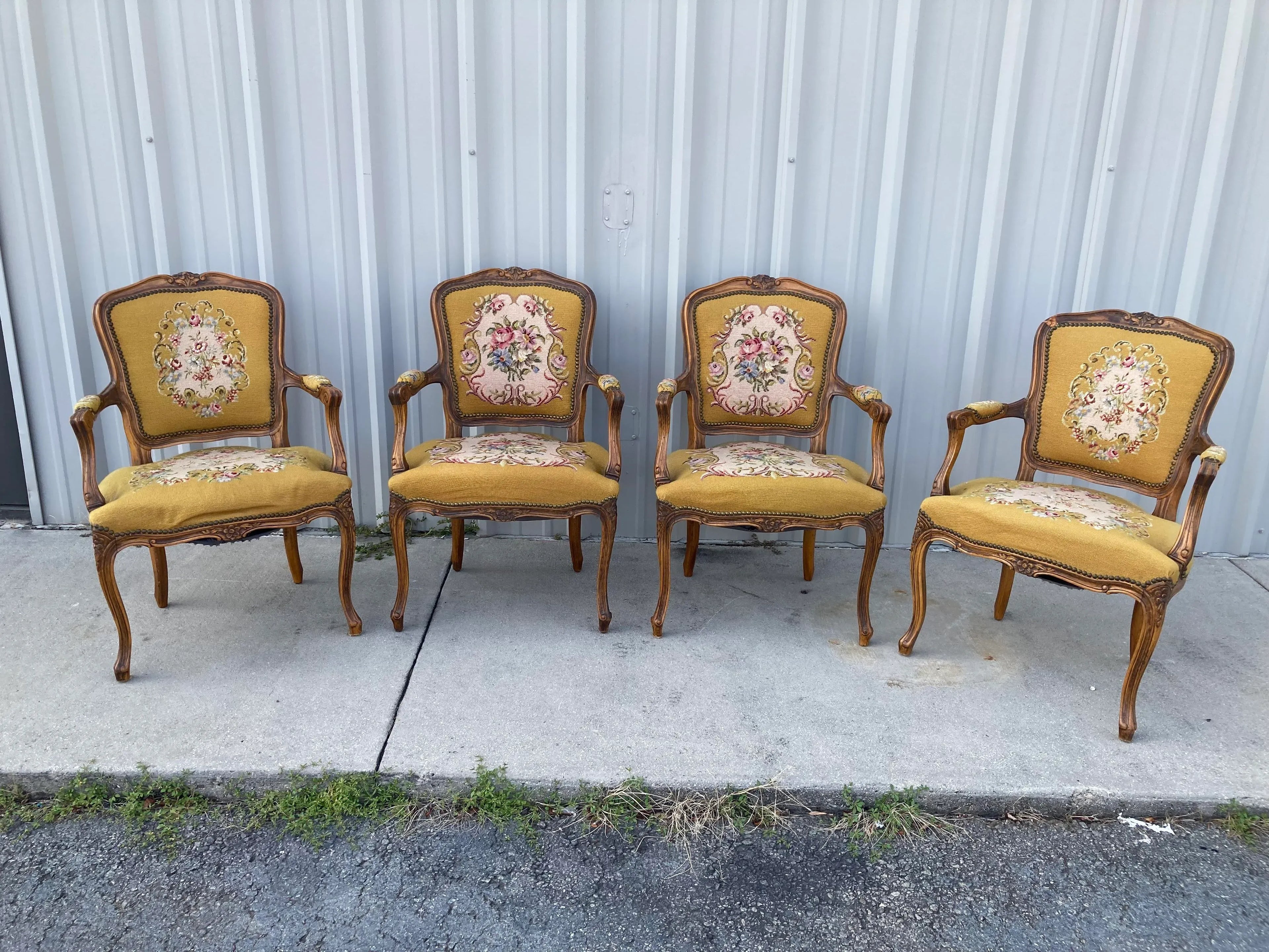 Early 20th Century French Louis XV Style Armchairs in Embroidered Floral Motif and Nailhead Accents- Set of 4