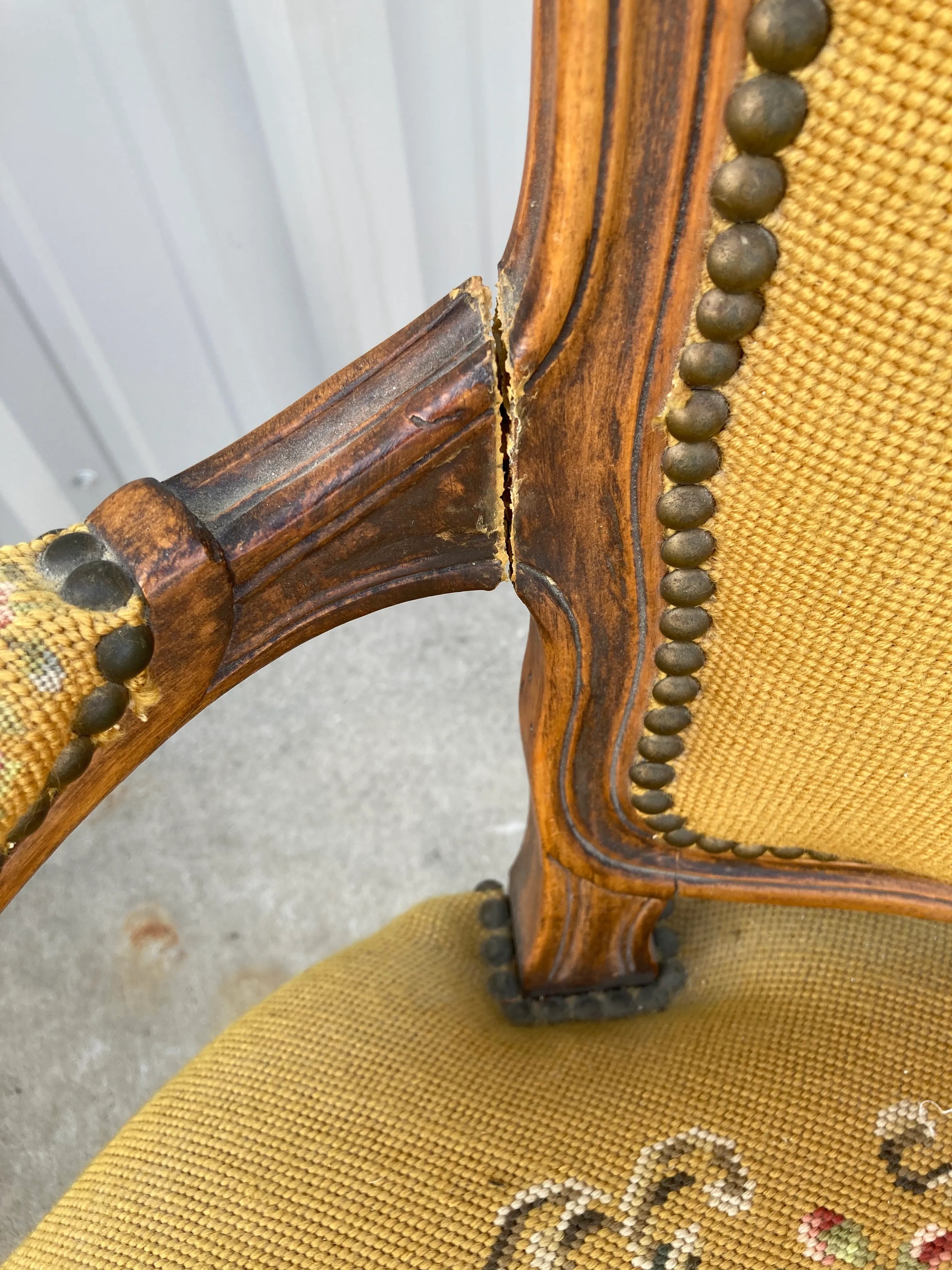 Early 20th Century French Louis XV Style Armchairs in Embroidered Floral Motif and Nailhead Accents- Set of 4
