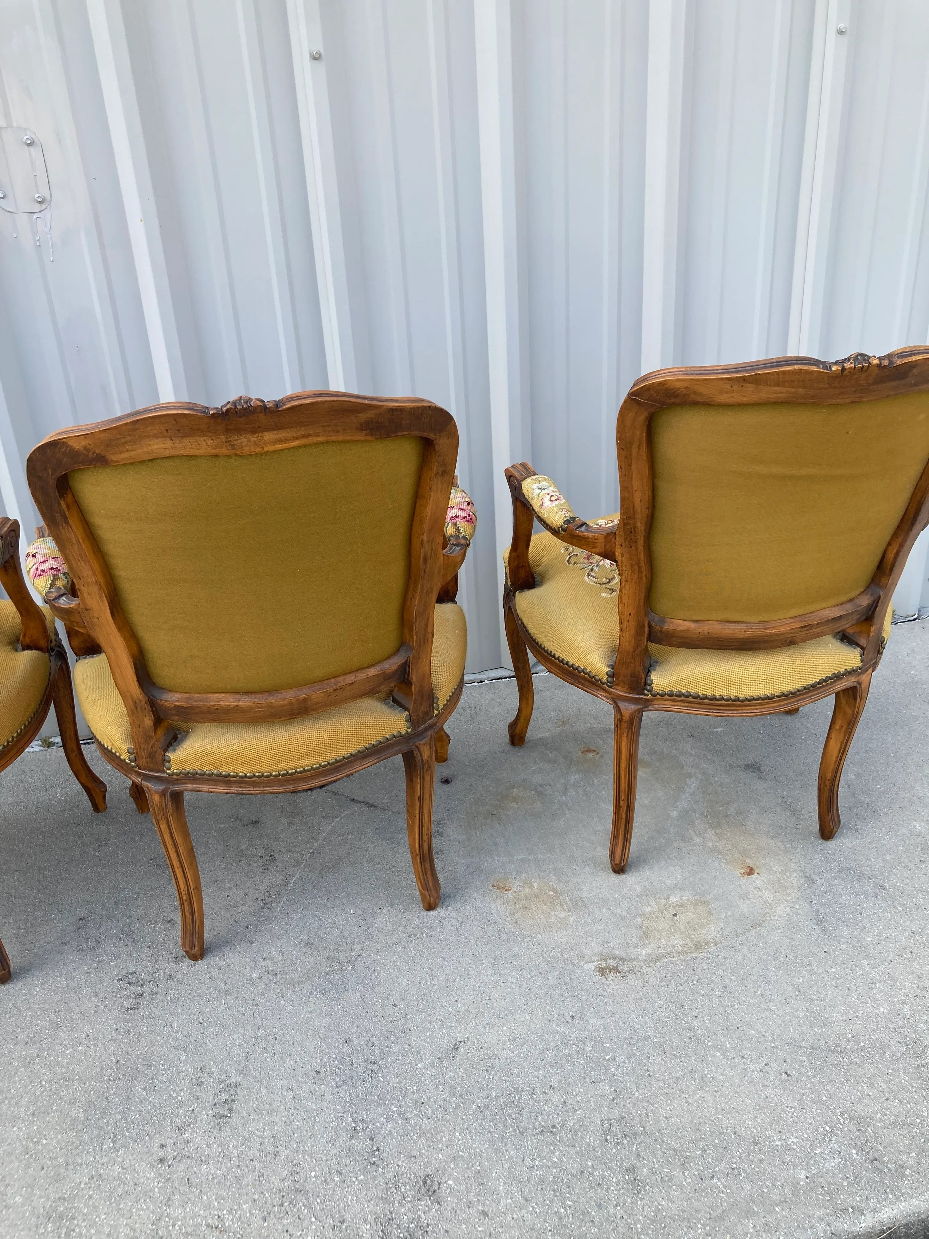 Early 20th Century French Louis XV Style Armchairs in Embroidered Floral Motif and Nailhead Accents- Set of 4