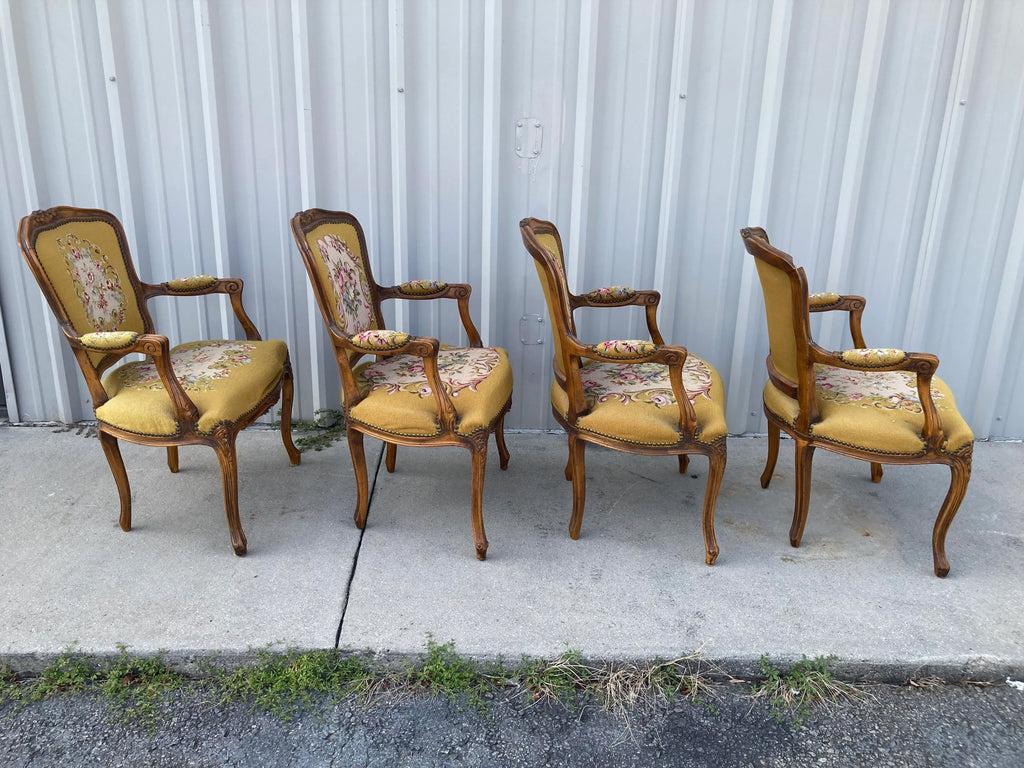 Early 20th Century French Louis XV Style Armchairs in Embroidered Floral Motif and Nailhead Accents- Set of 4