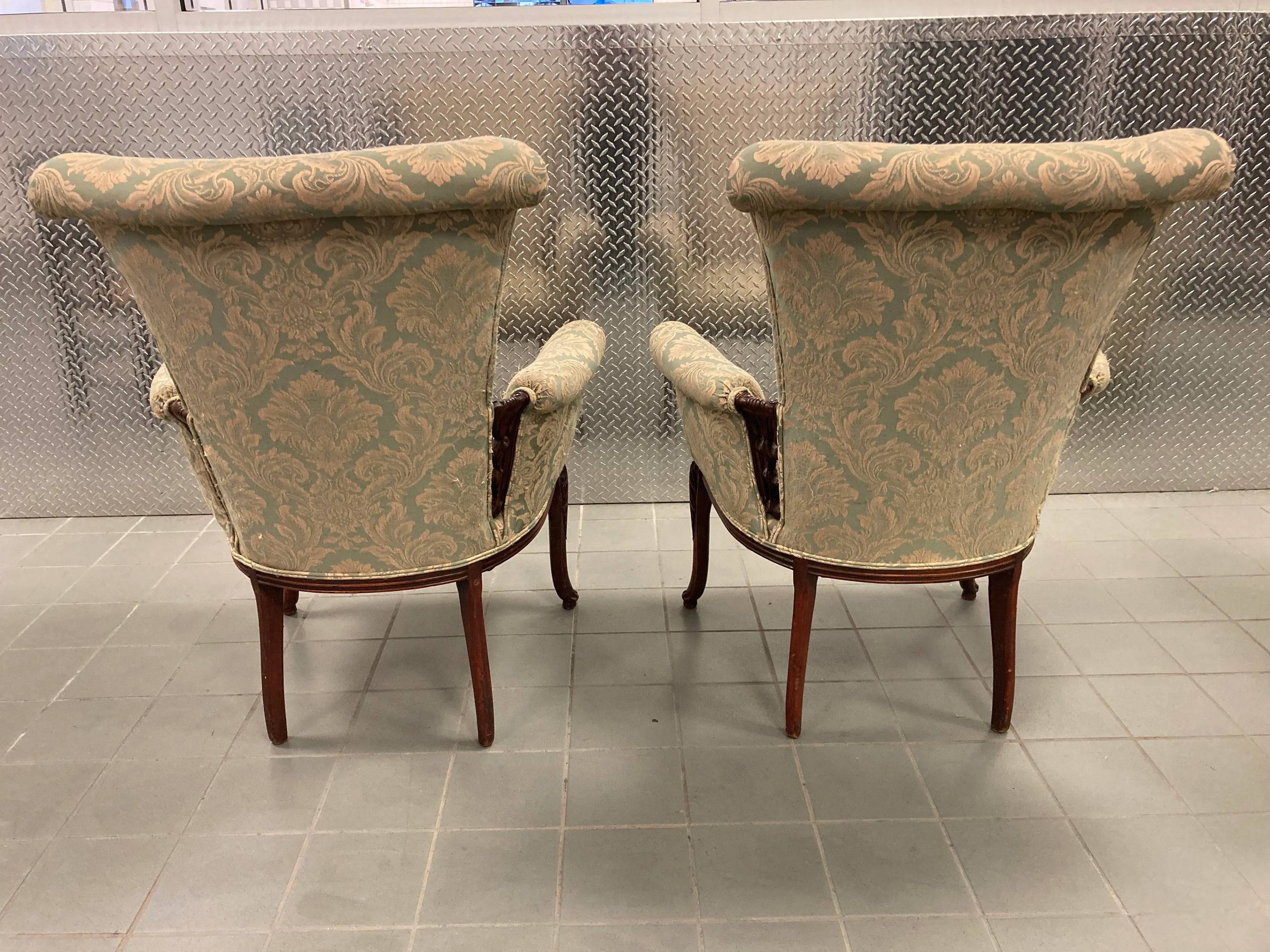 Early 20th Century Grosfeld House Scroll Back Arm Chairs - a Pair