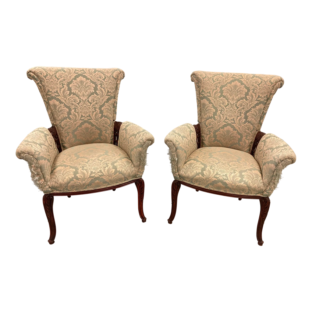Early 20th Century Grosfeld House Scroll Back Arm Chairs - a Pair