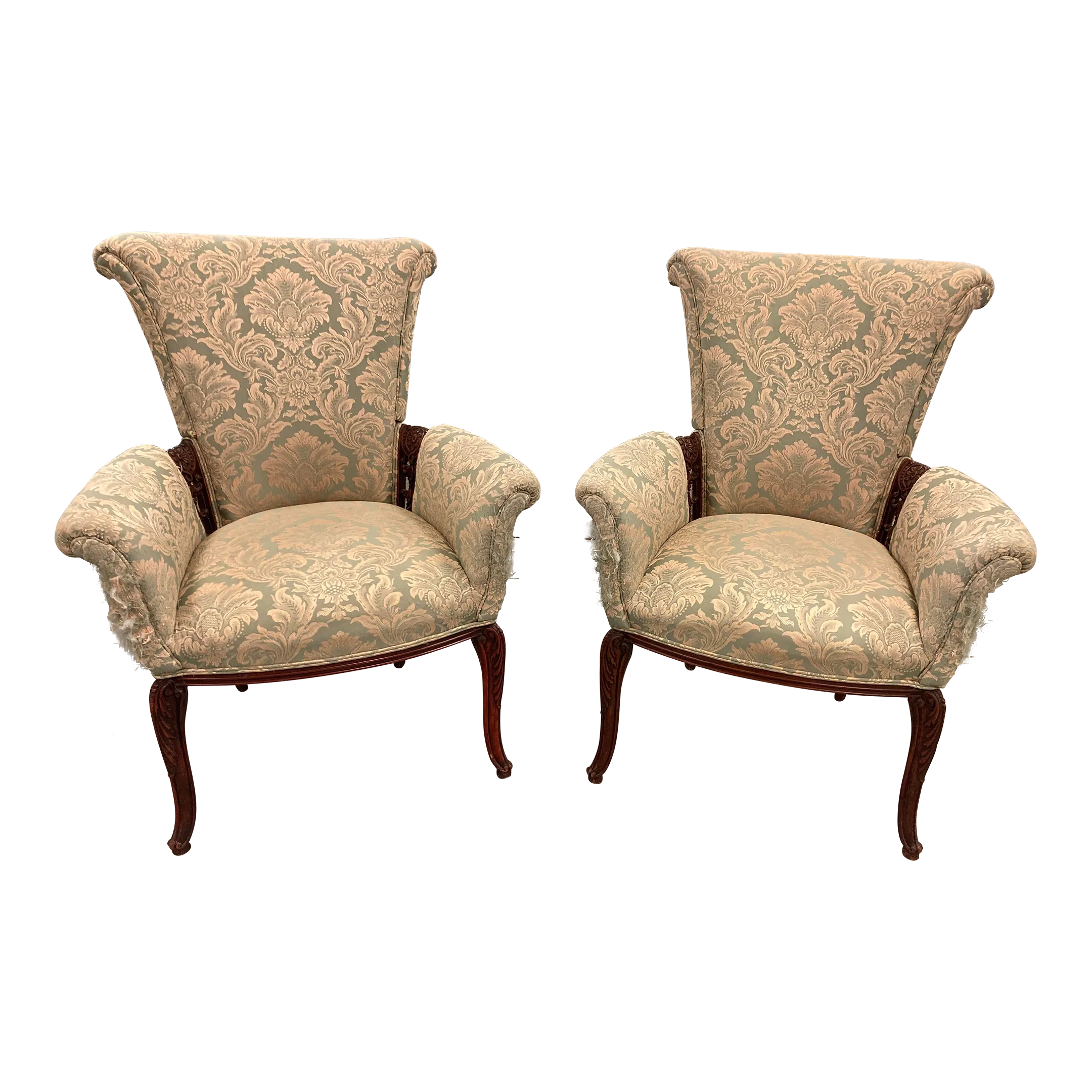 Early 20th Century Grosfeld House Scroll Back Arm Chairs - a Pair