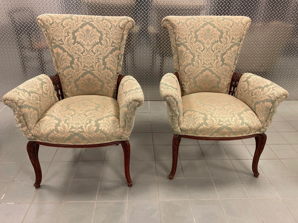 Early 20th Century Grosfeld House Scroll Back Arm Chairs - a Pair