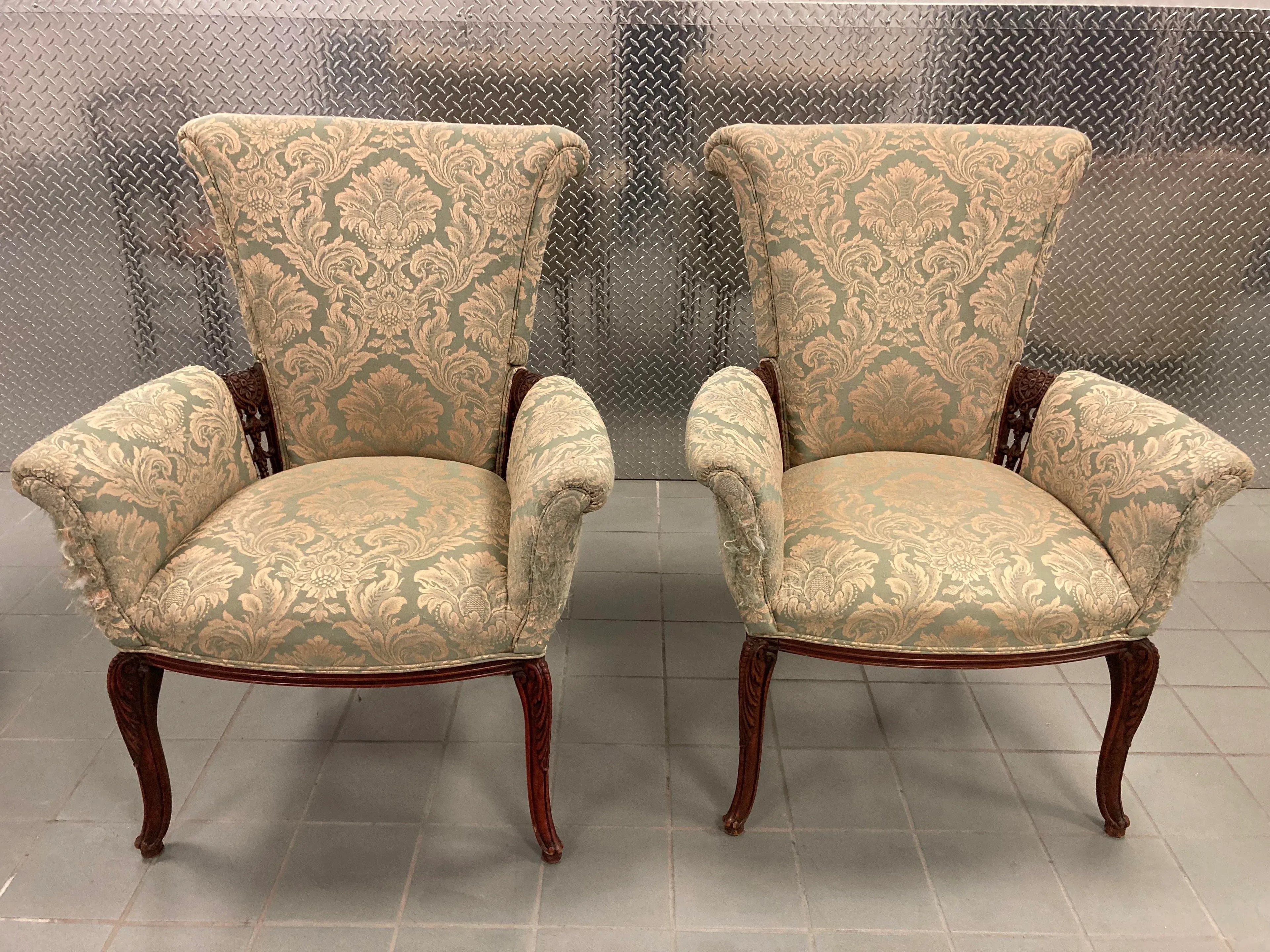 Early 20th Century Grosfeld House Scroll Back Arm Chairs - a Pair