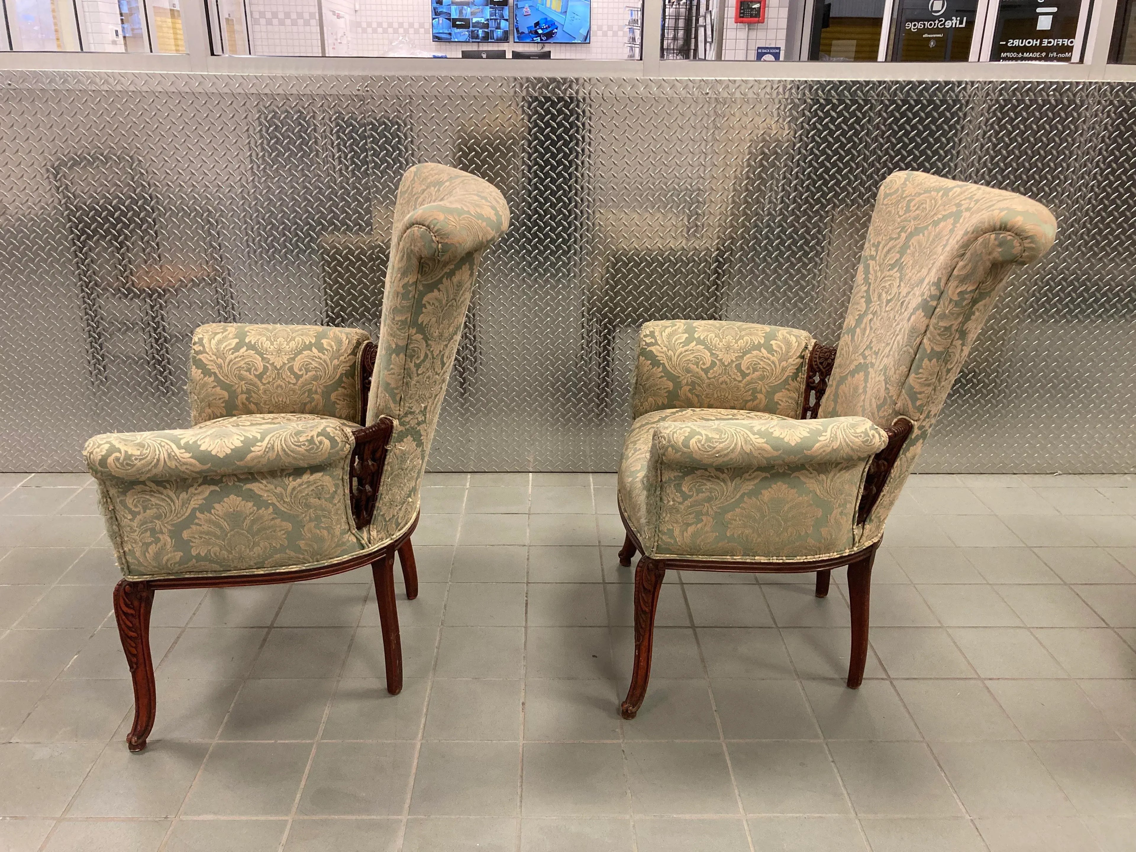 Early 20th Century Grosfeld House Scroll Back Arm Chairs - a Pair