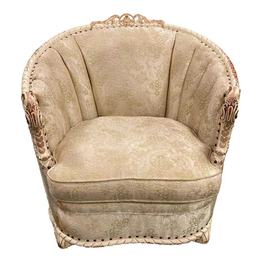 Early 20th Century Louis XVI Style Marquis Barrel Back Club Chair With Carved Wooden Accents