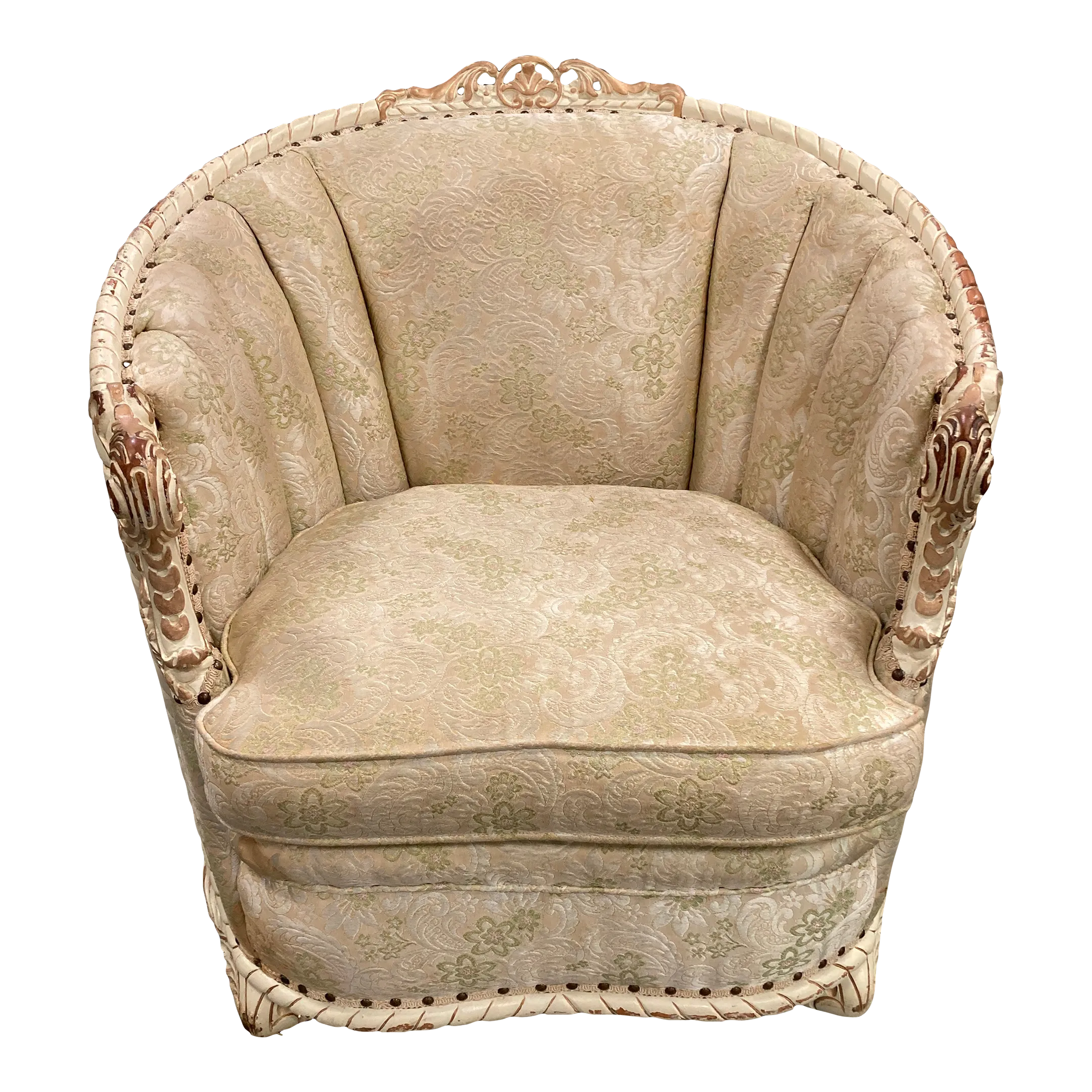 Early 20th Century Louis XVI Style Marquis Barrel Back Club Chair With Carved Wooden Accents