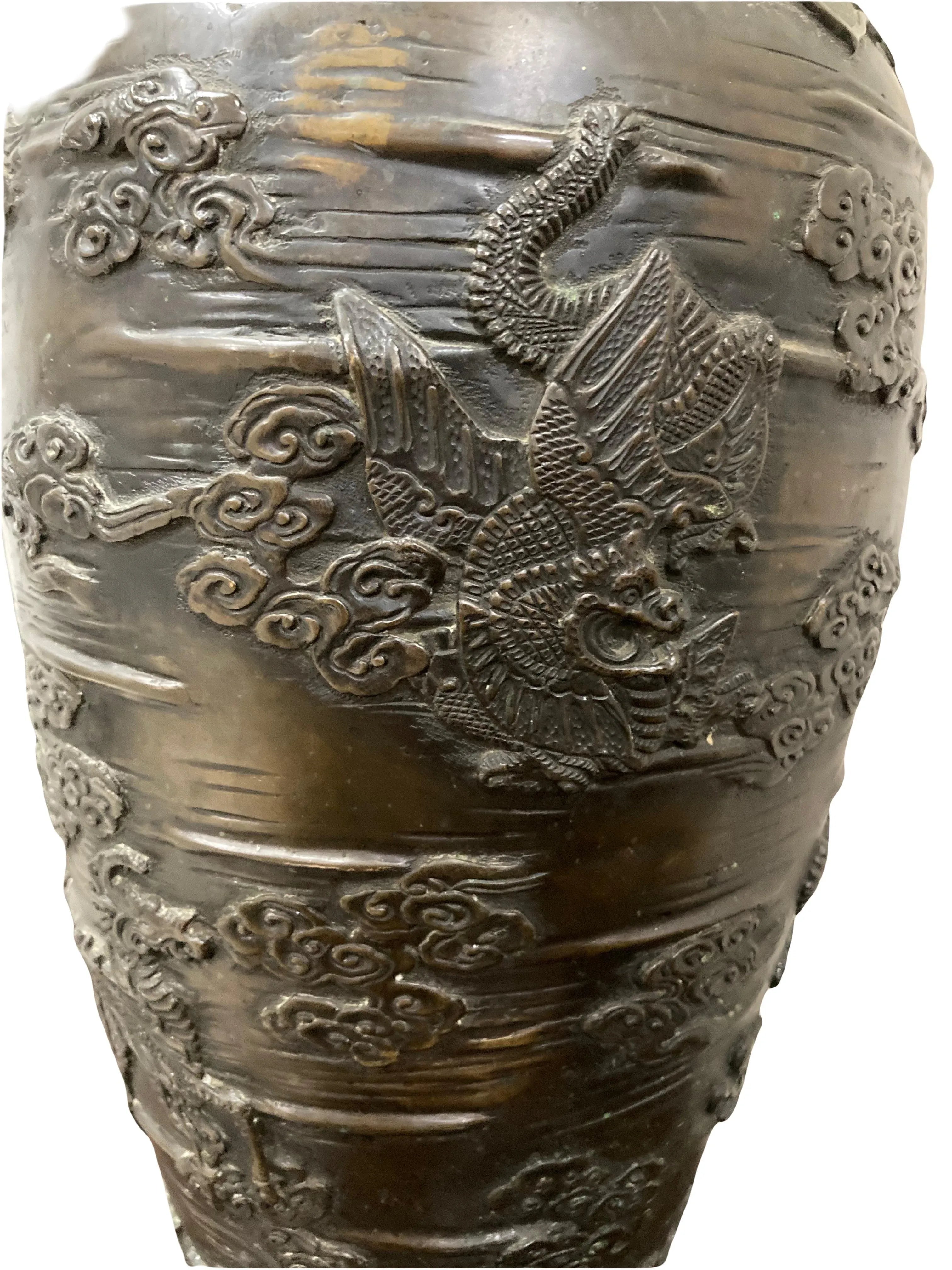 Early 20th Century Meiji Period Japanese Bronze Dragon and Cloud Vase or Urn