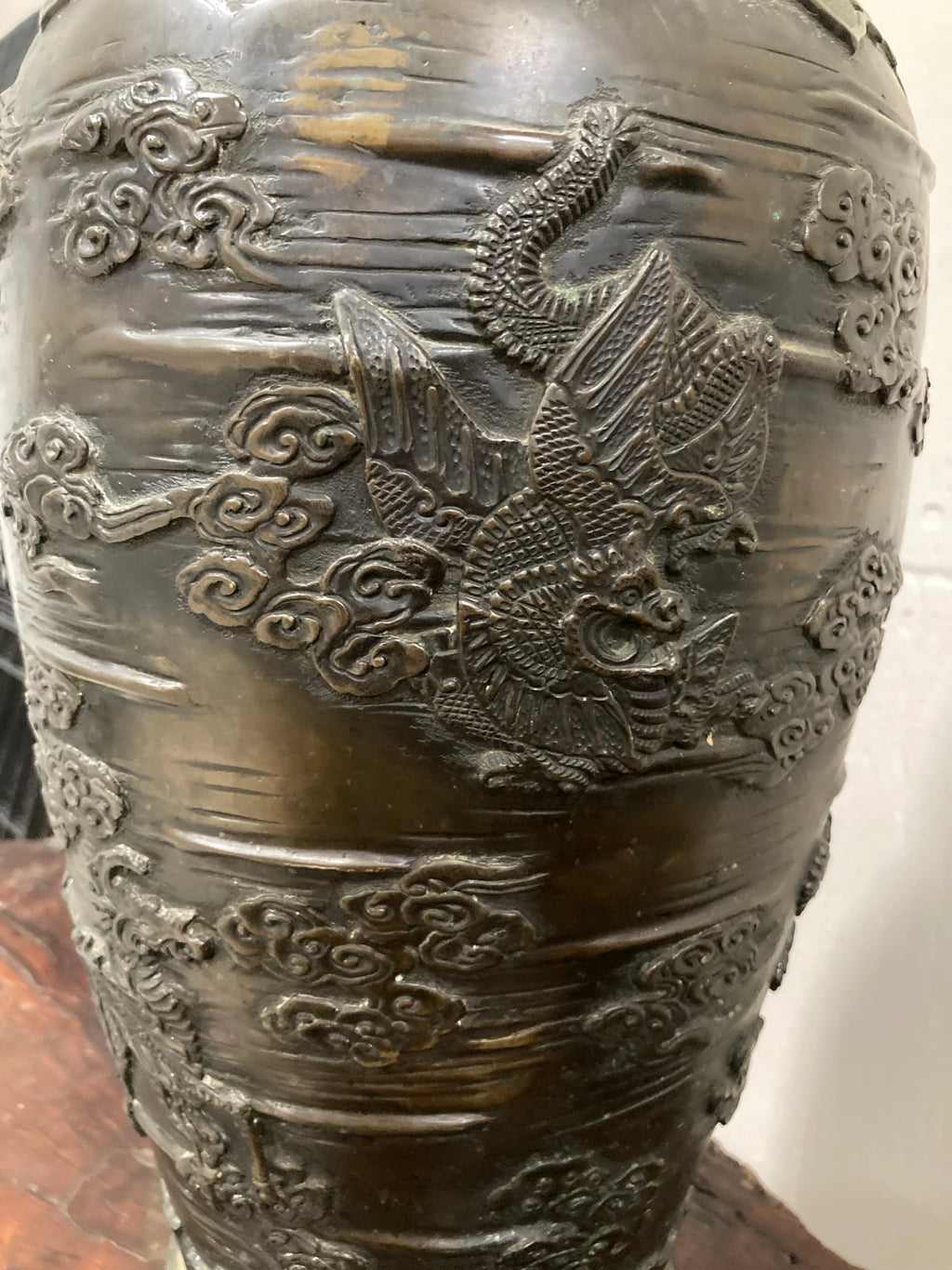 Early 20th Century Meiji Period Japanese Bronze Dragon and Cloud Vase or Urn