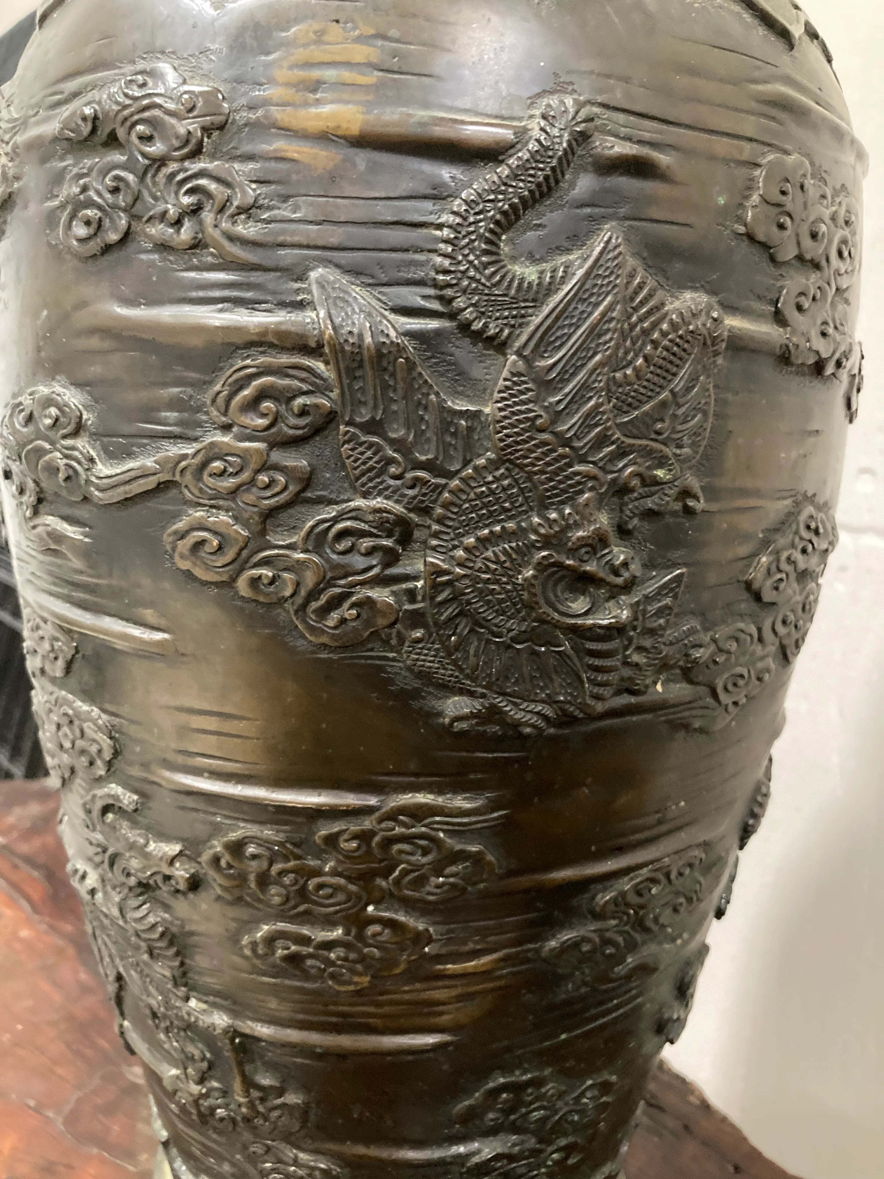 Early 20th Century Meiji Period Japanese Bronze Dragon and Cloud Vase or Urn