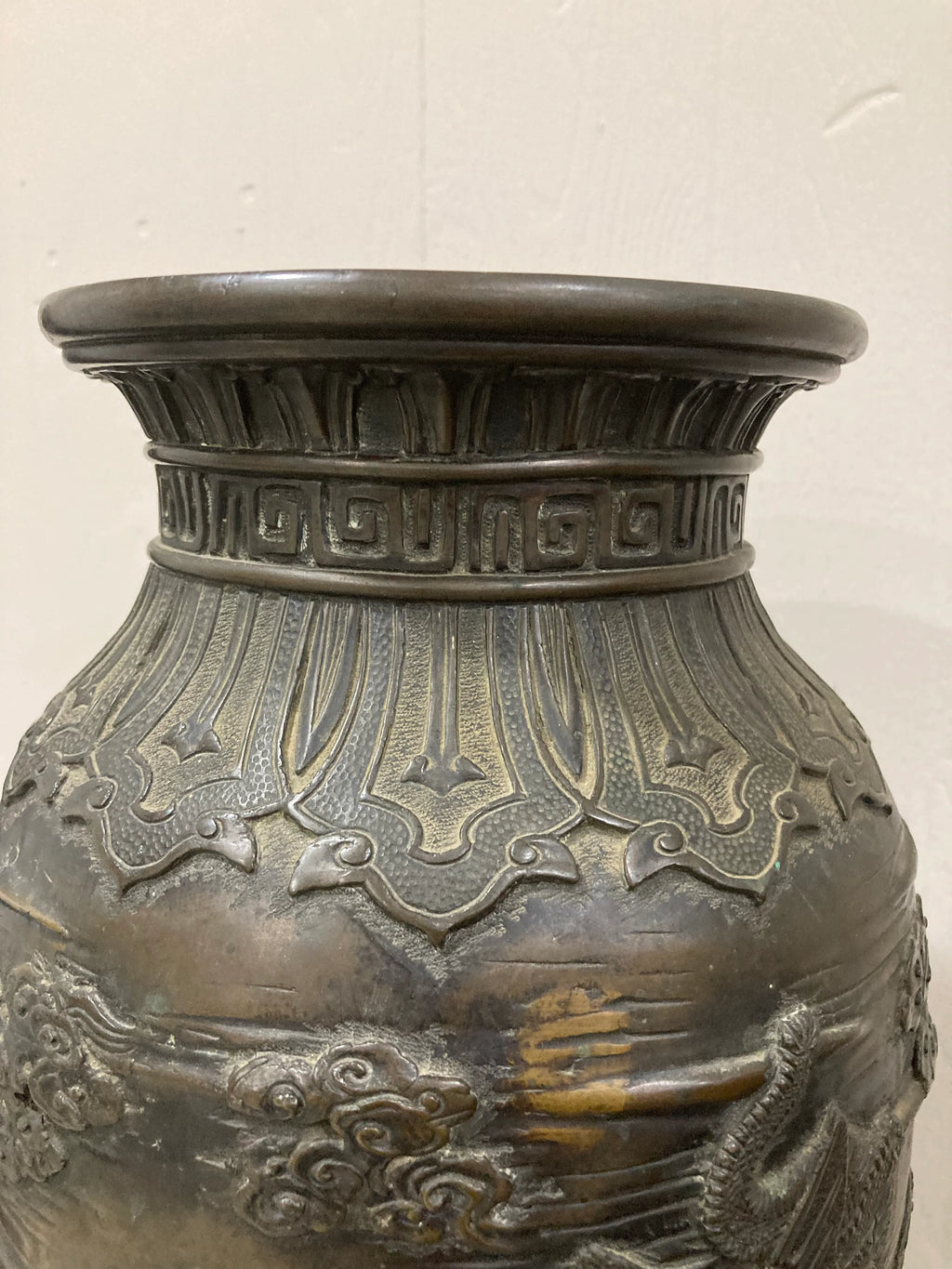 Early 20th Century Meiji Period Japanese Bronze Dragon and Cloud Vase or Urn