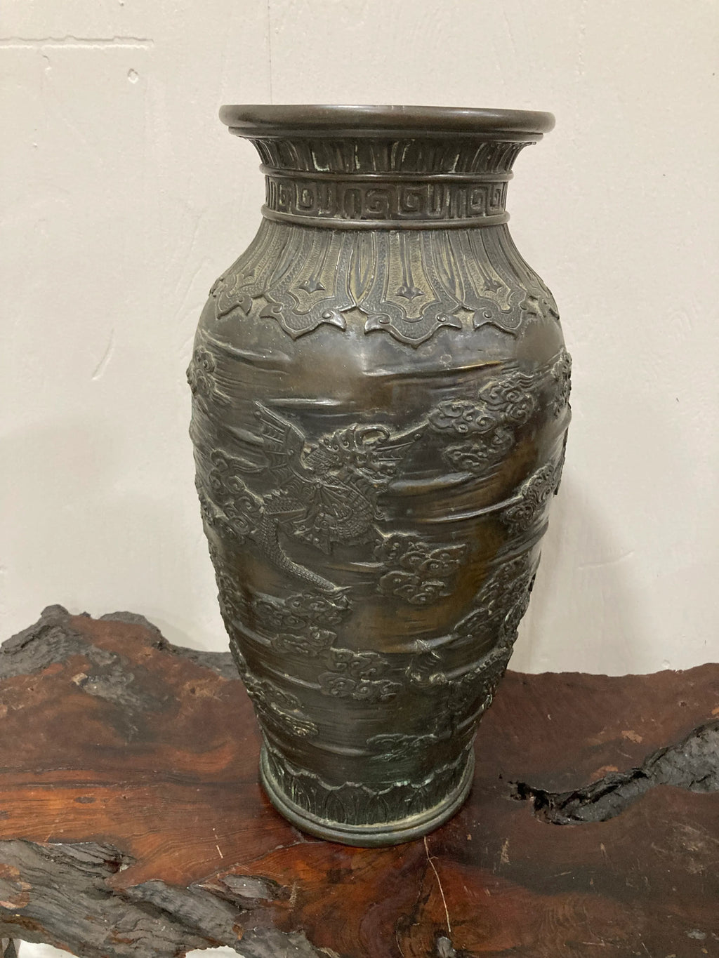 Early 20th Century Meiji Period Japanese Bronze Dragon and Cloud Vase or Urn