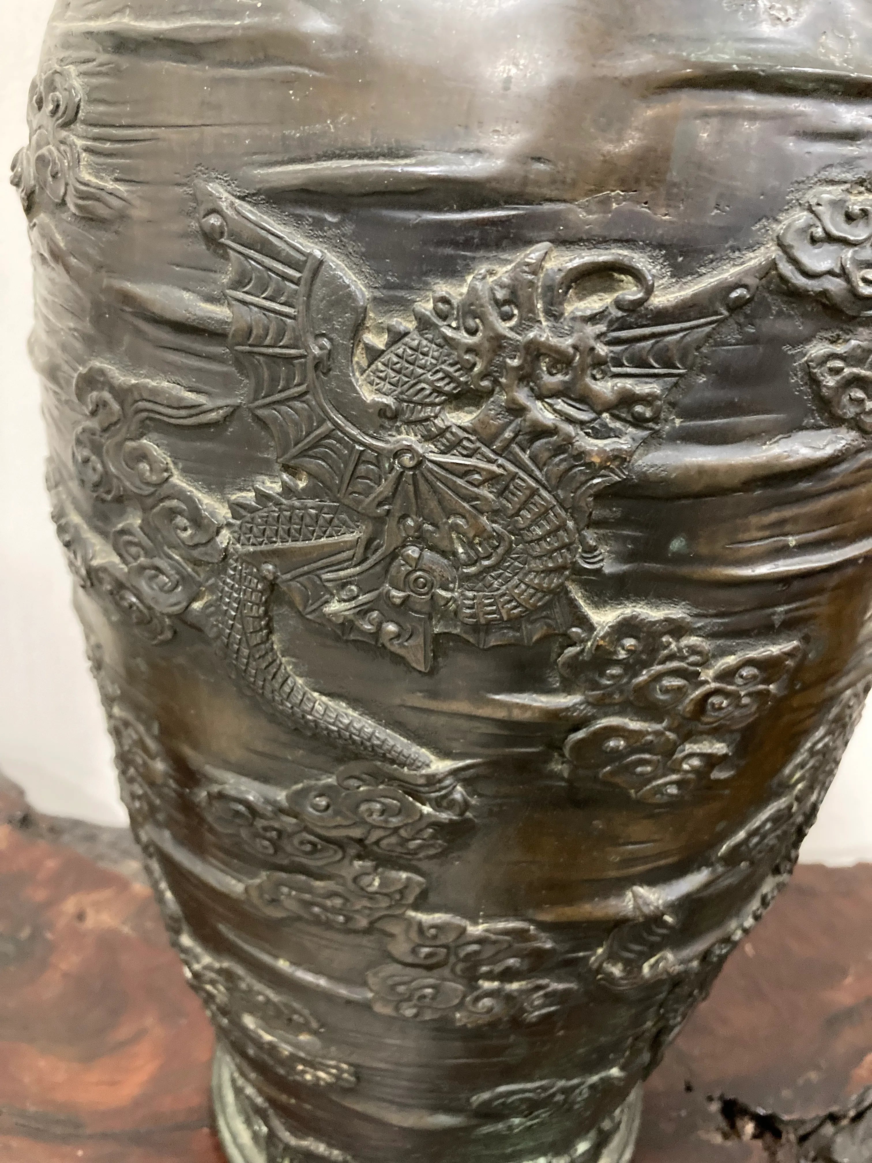 Early 20th Century Meiji Period Japanese Bronze Dragon and Cloud Vase or Urn