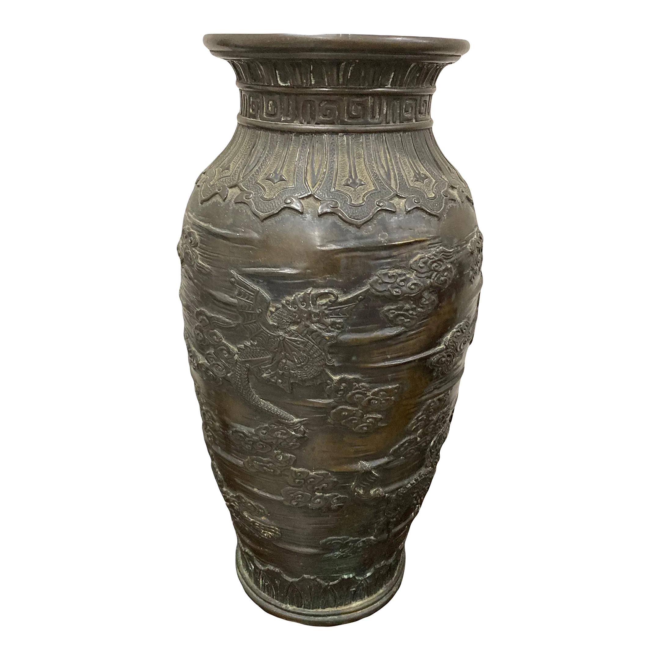 Early 20th Century Meiji Period Japanese Bronze Dragon and Cloud Vase or Urn