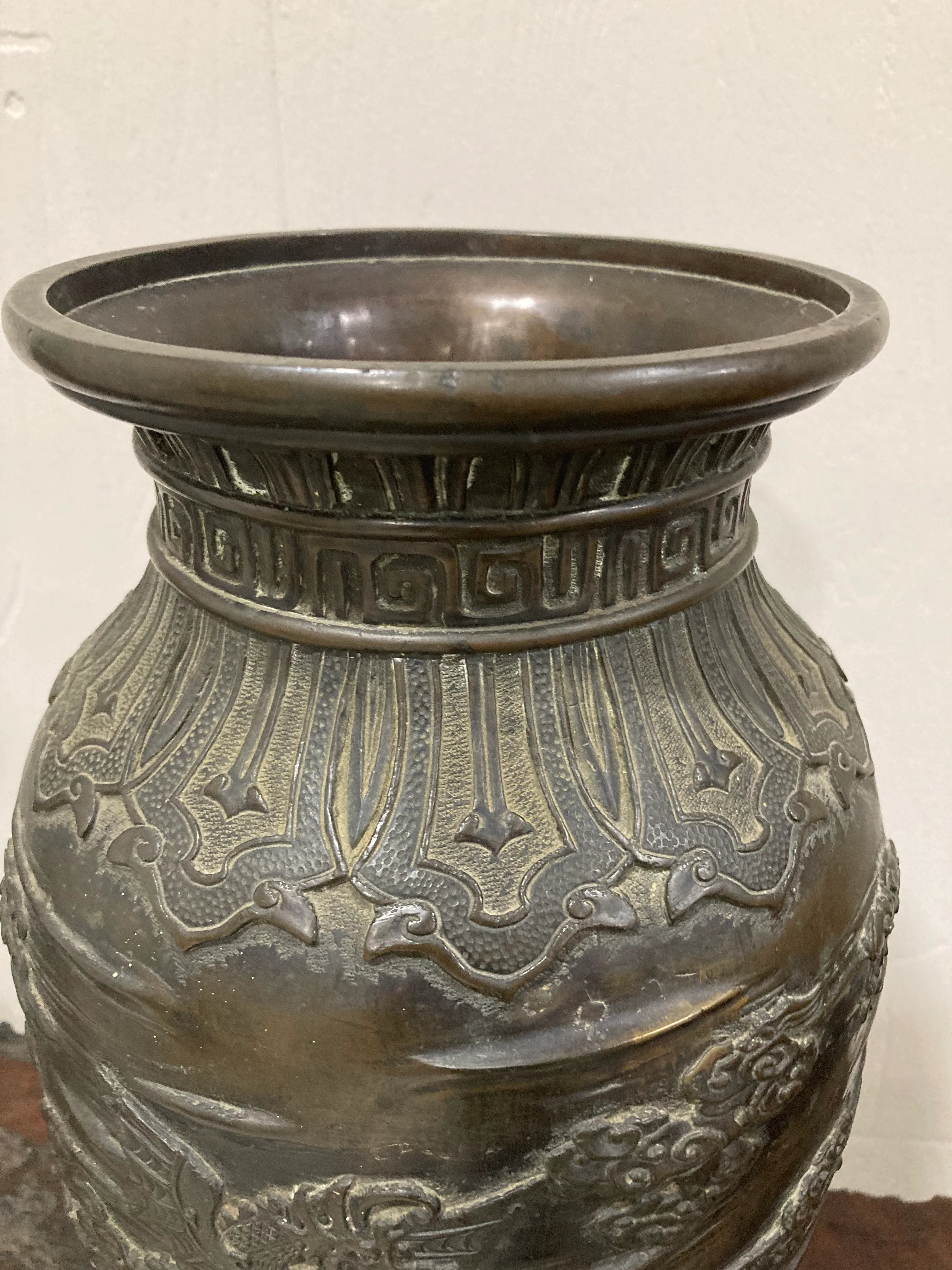Early 20th Century Meiji Period Japanese Bronze Dragon and Cloud Vase or Urn