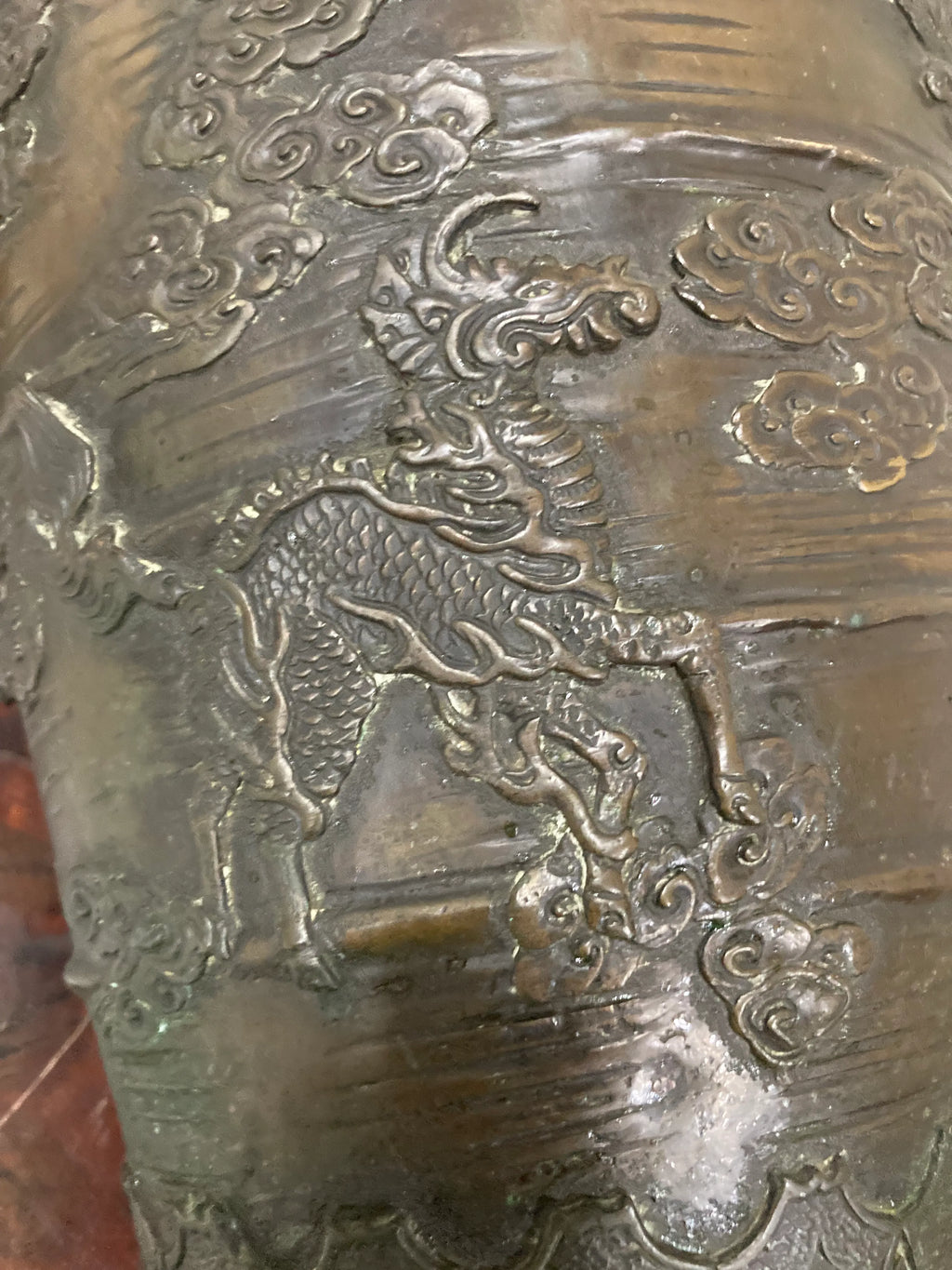 Early 20th Century Meiji Period Japanese Bronze Dragon and Cloud Vase or Urn