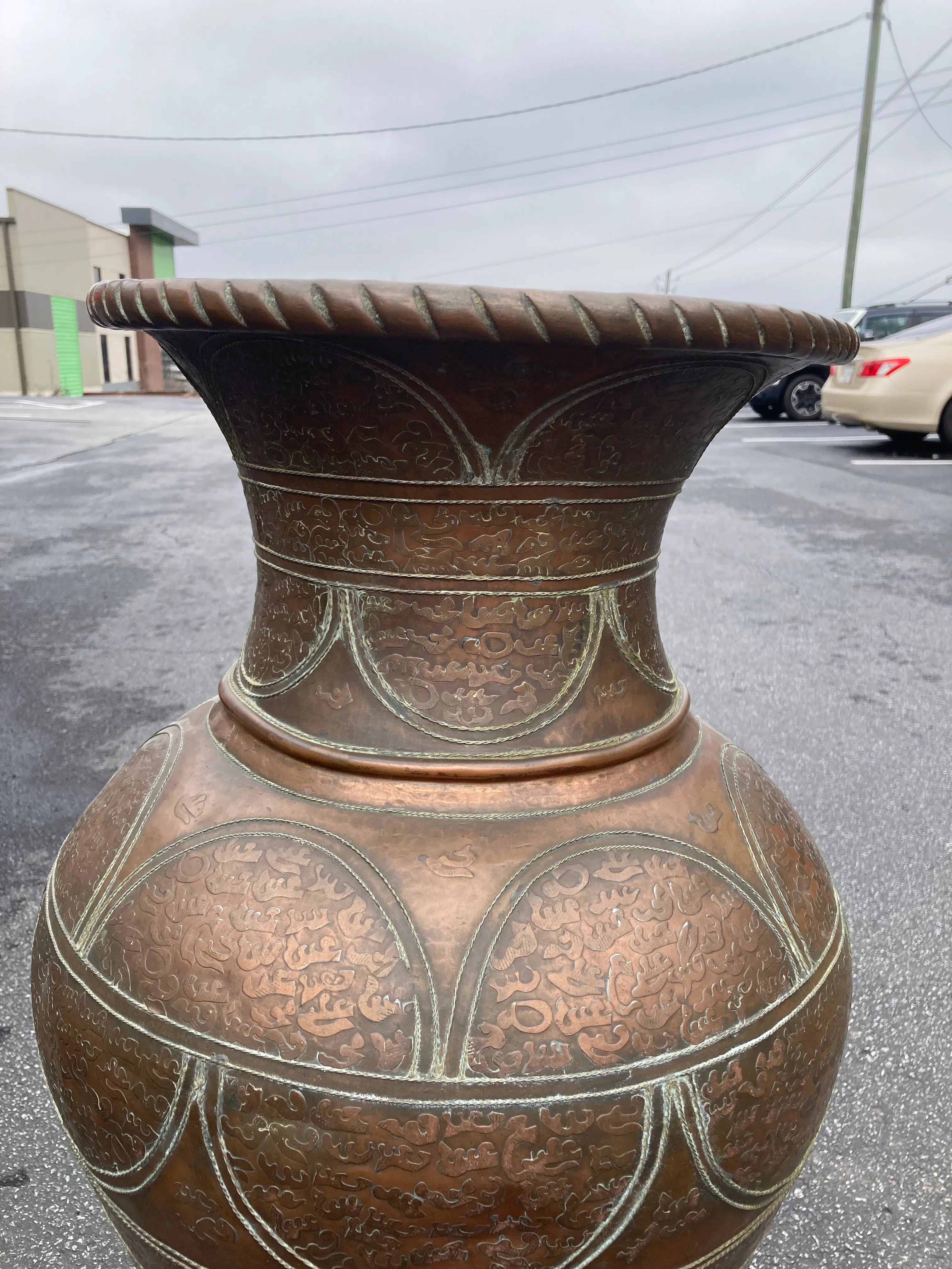 Early 20th Century Monumental Moroccan Hand Embossed Copper and Brass Urn or Floor Vase