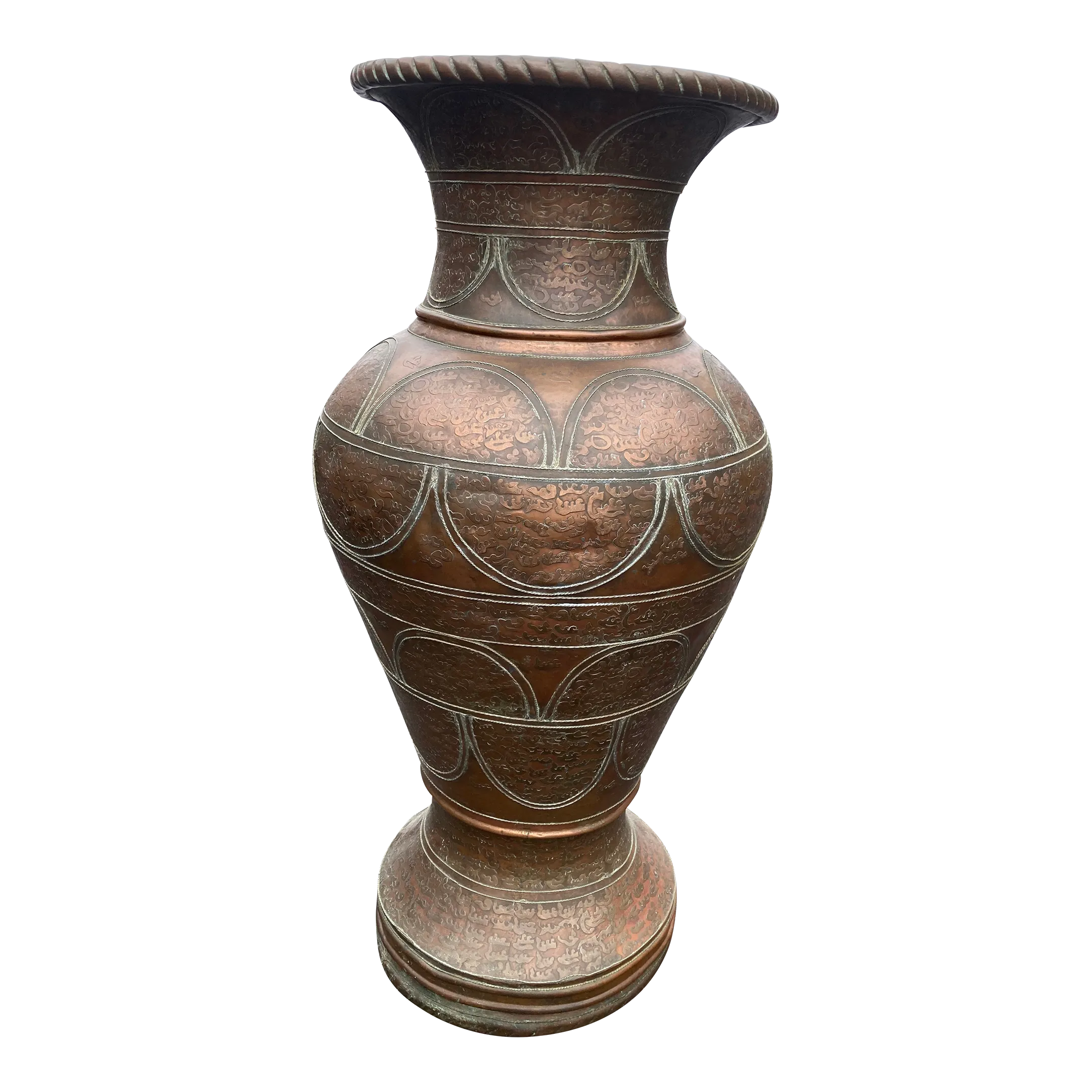 Early 20th Century Monumental Moroccan Hand Embossed Copper and Brass Urn or Floor Vase