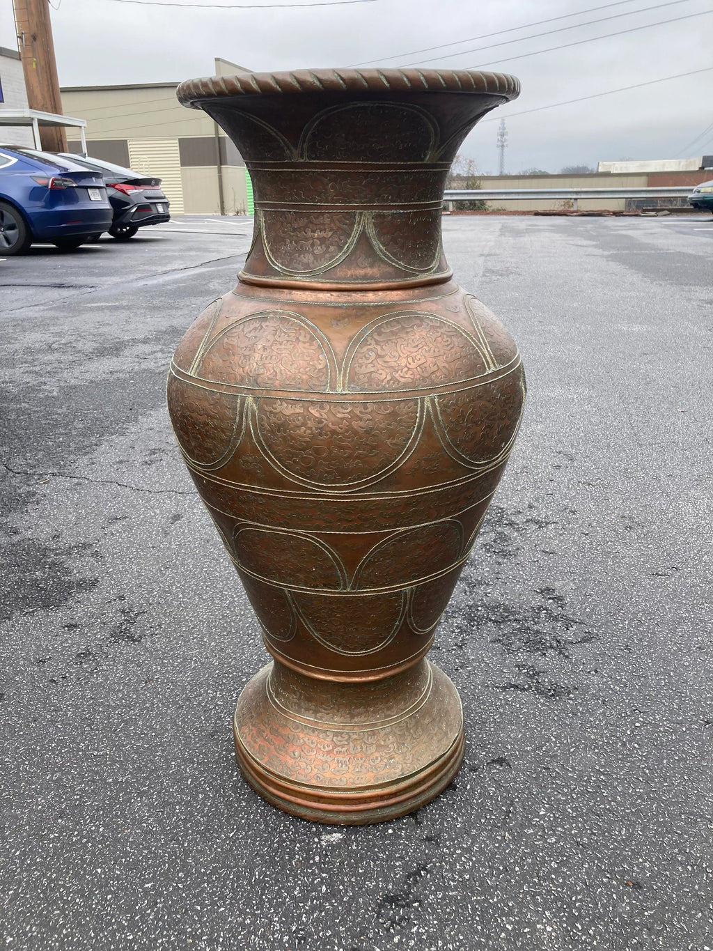 Early 20th Century Monumental Moroccan Hand Embossed Copper and Brass Urn or Floor Vase