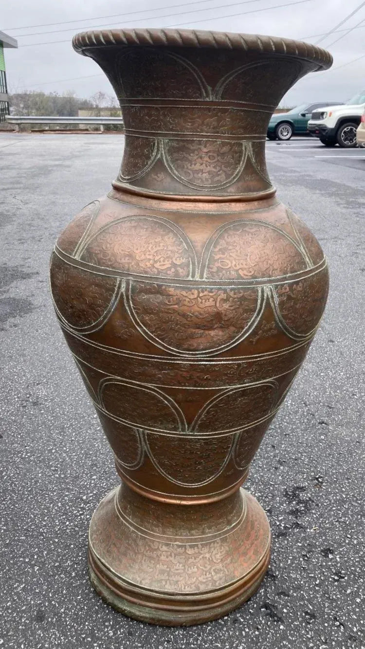 Early 20th Century Monumental Moroccan Hand Embossed Copper and Brass Urn or Floor Vase