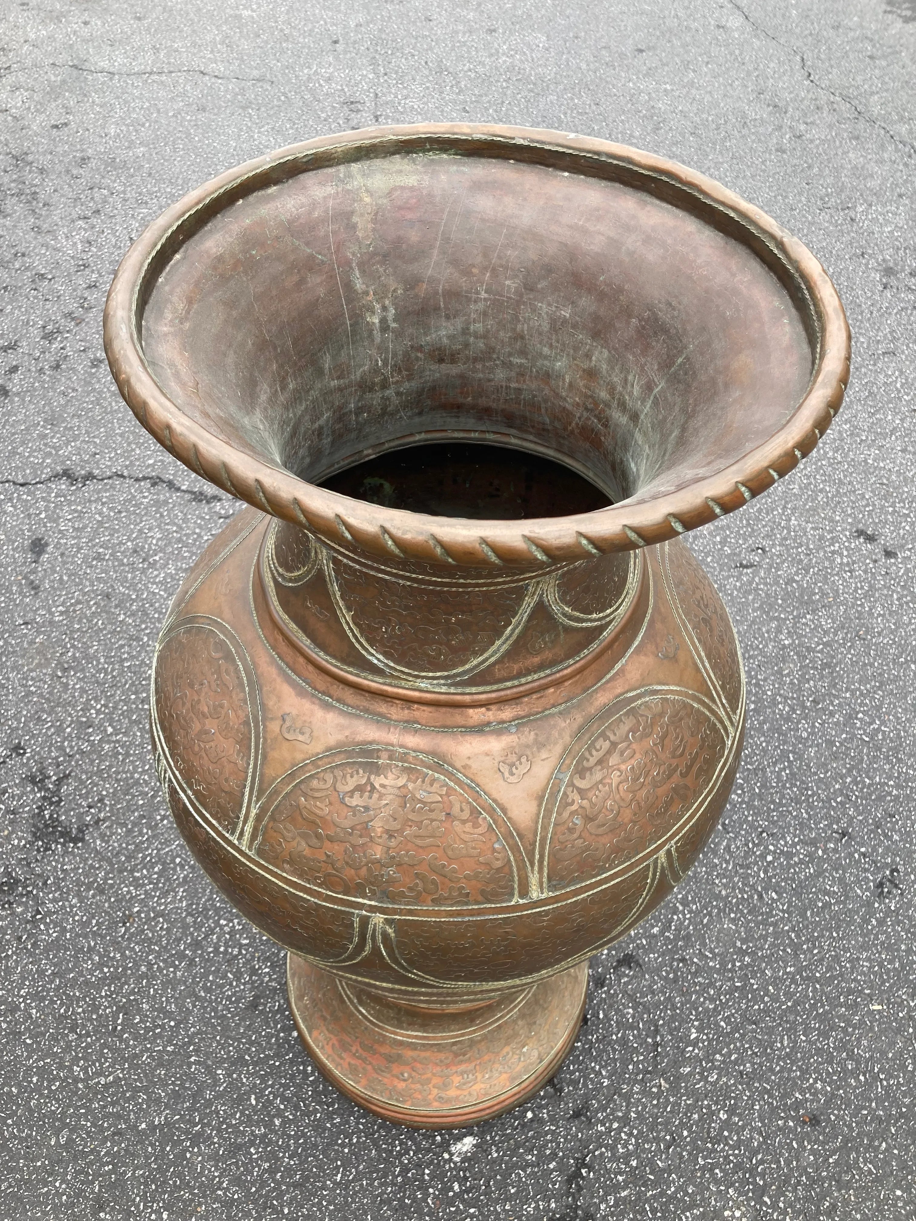 Early 20th Century Monumental Moroccan Hand Embossed Copper and Brass Urn or Floor Vase