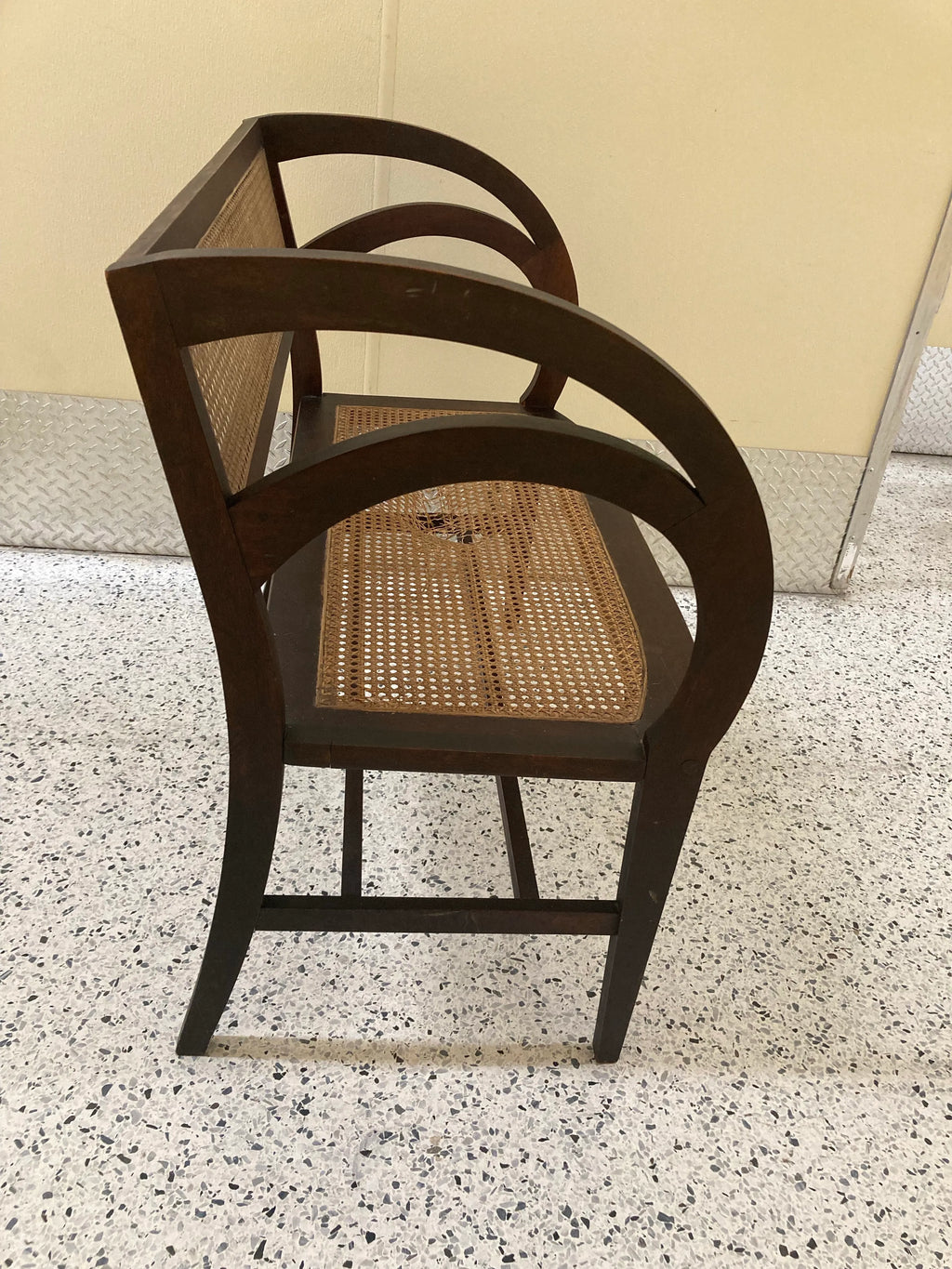 Early 20th Century Rare Form Art Deco Arts and Crafts Period Settee Bench and Chair Set With Caned Seats and Backs