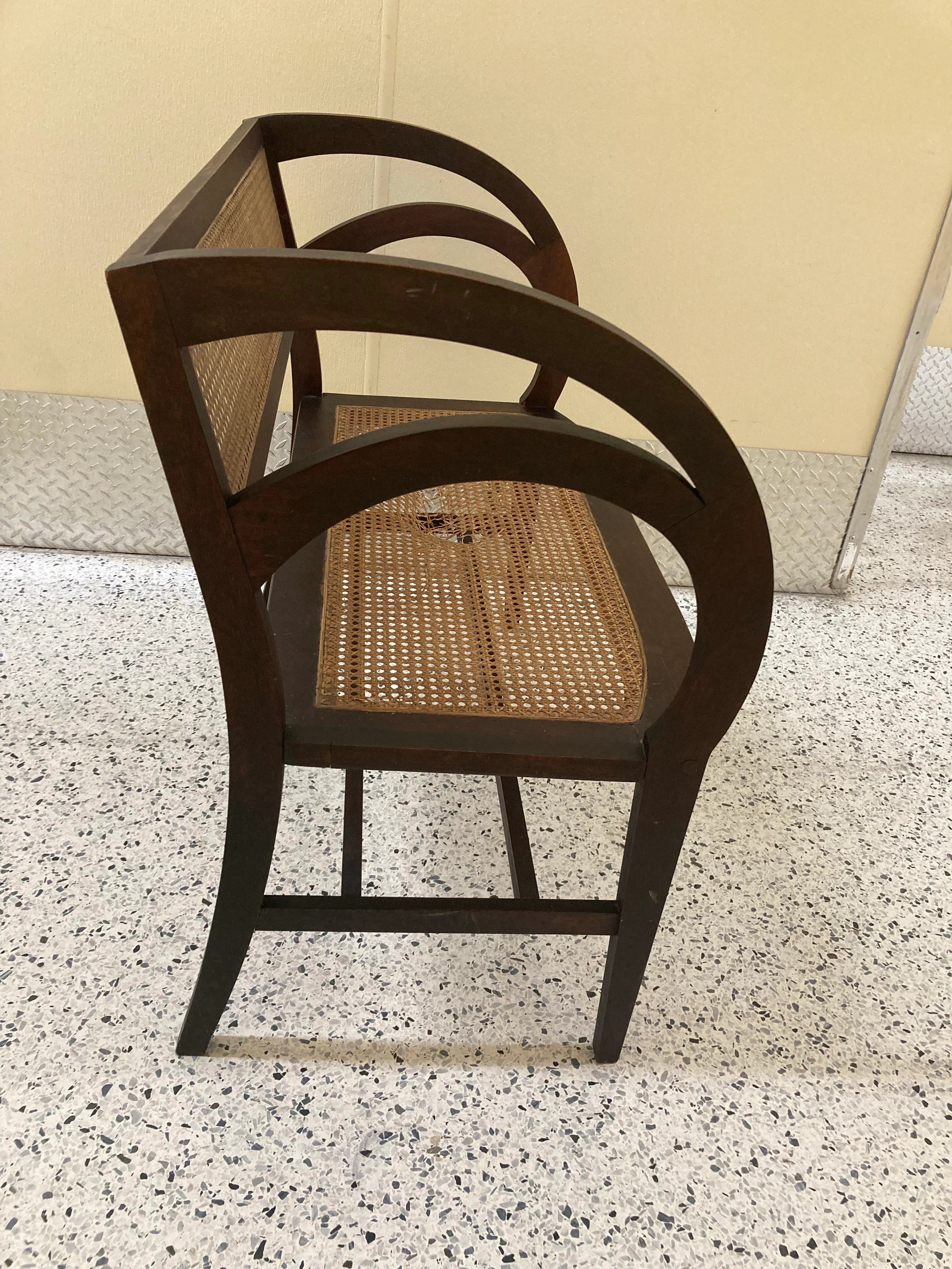 Early 20th Century Rare Form Art Deco Arts and Crafts Period Settee Bench and Chair Set With Caned Seats and Backs